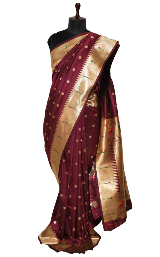 Traditional Blended Silk Paithani Sari in Wine, Golden and Multicolored