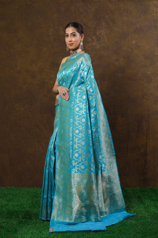 Sky Blue Handwoven Cutwork Katan Silk Saree - Panaya