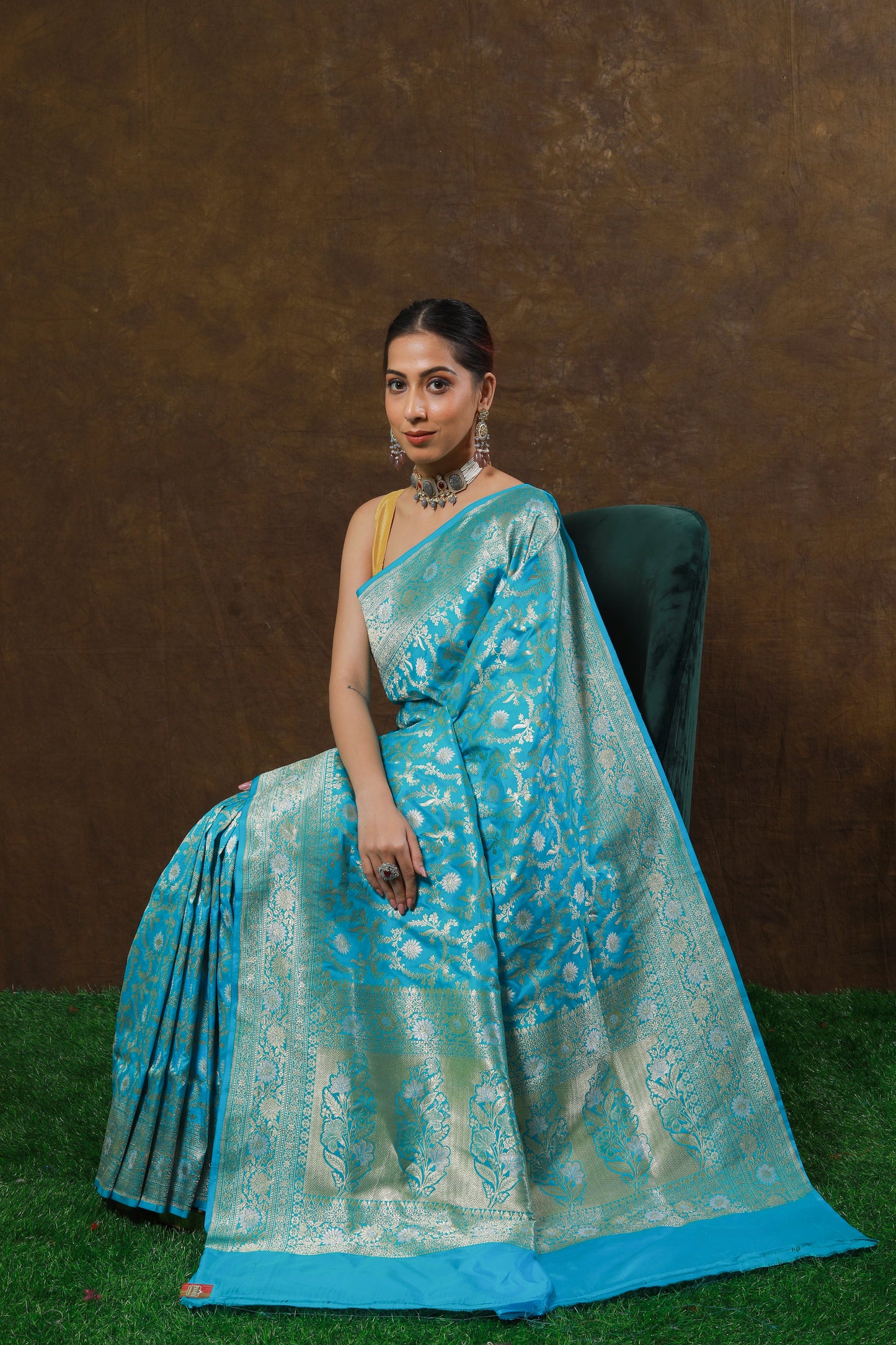 Sky Blue Handwoven Cutwork Katan Silk Saree - Panaya