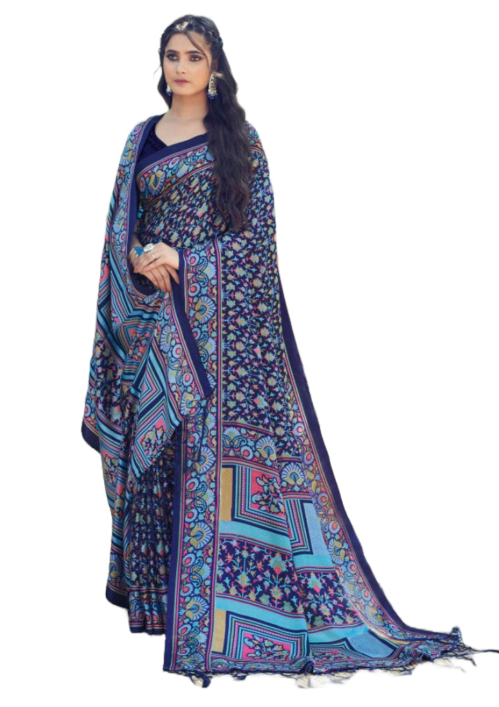 Printed Pashmina Saree and Shawl in Midnight Blue, Pastel Green and Multicolored Prints