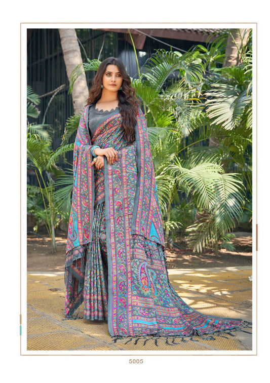 Printed Pashmina Saree and Shawl in Slate Grey, Sky Blue and Multicolored Prints