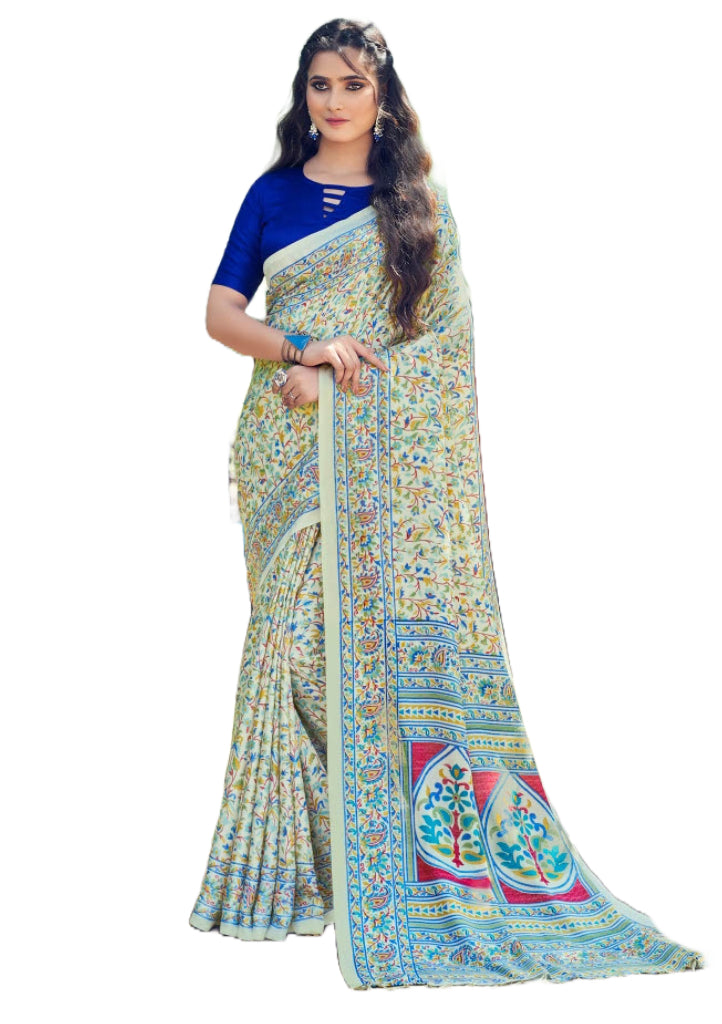 Printed Pashmina Saree and Shawl in Off White, Blue and Multicolored Prints