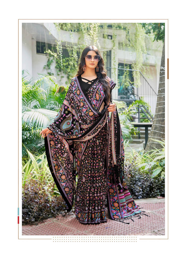 Printed Pashmina Saree and Shawl in Black, Hot Pink and Multicolored Prints