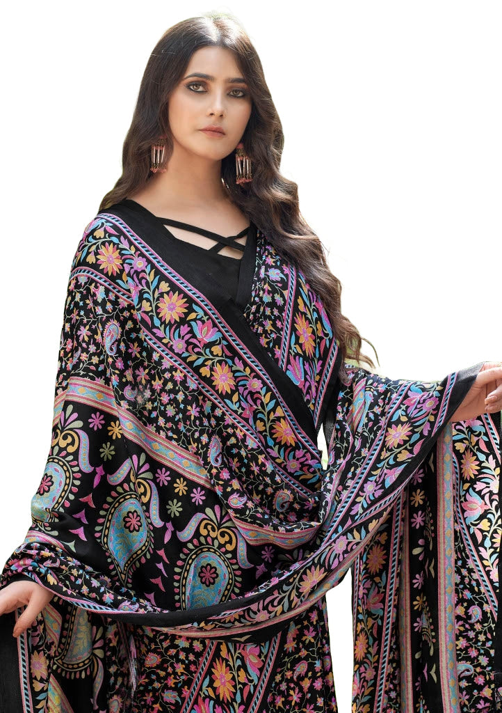 Printed Pashmina Saree and Shawl in Black, Hot Pink and Multicolored Prints