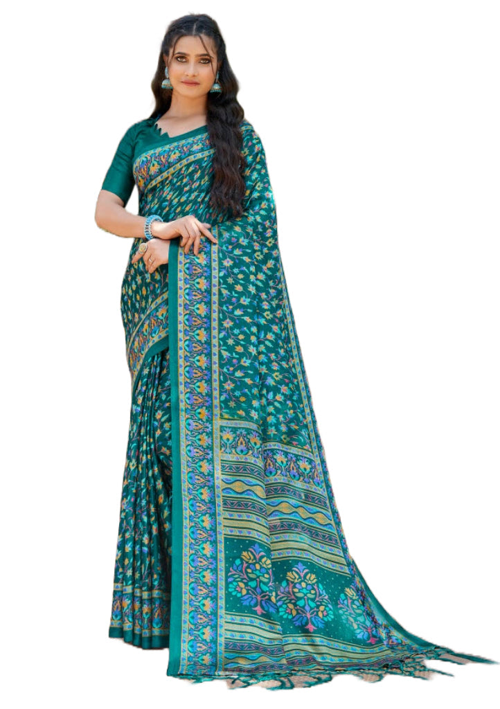 Printed Pashmina Saree and Shawl in Rama Green, Red and Multicolored Prints