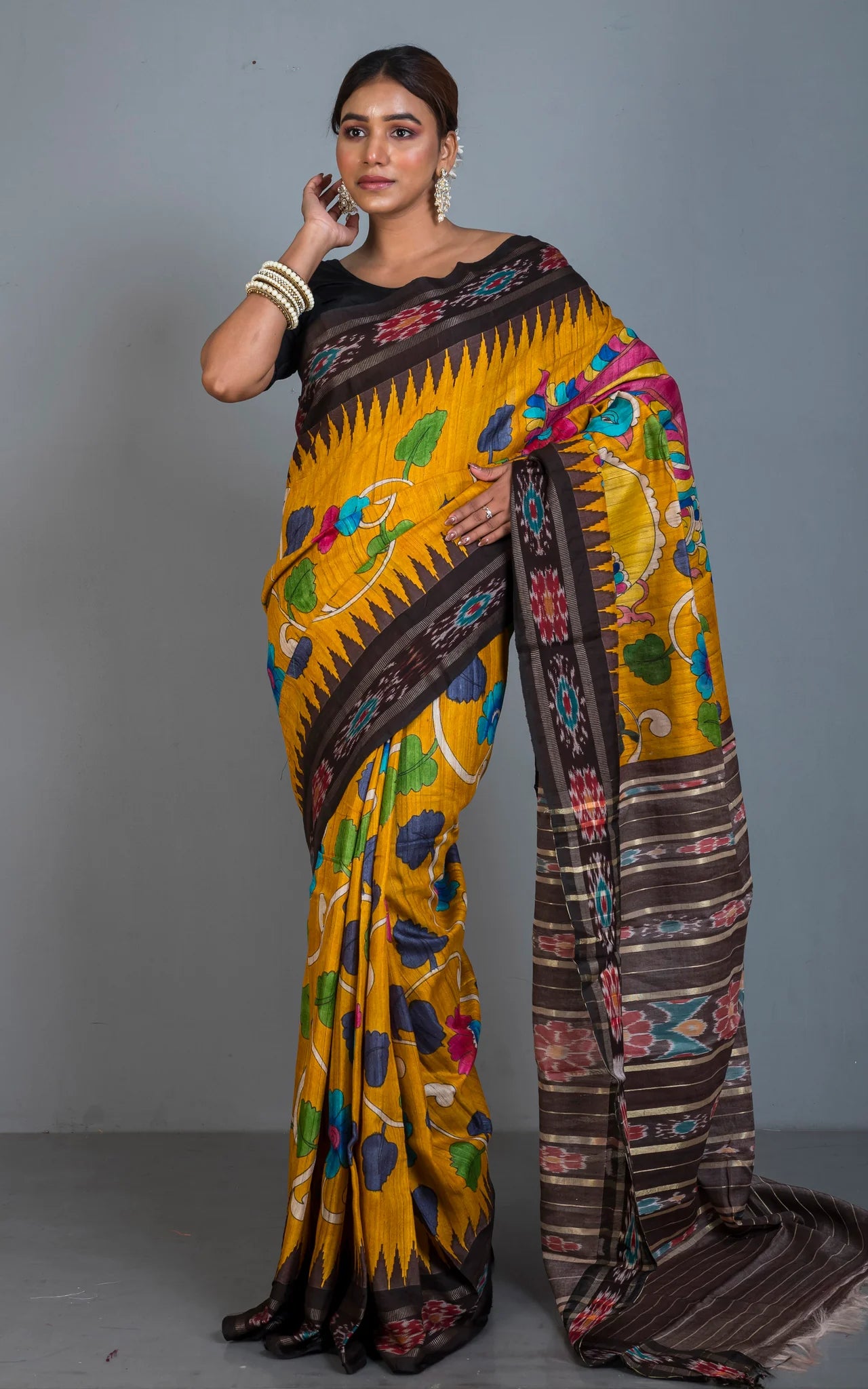 Hand Painted Pen Kalamkari over Sambalpuri Tussar Kotki Silk Saree in Golden Yellow, Mahogany Brown and Multicolored