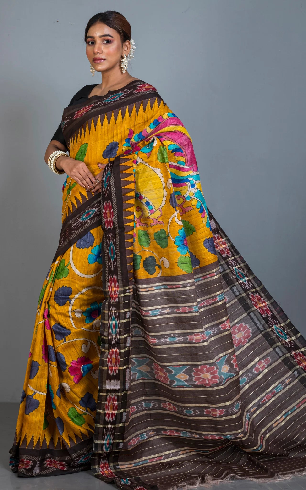 Hand Painted Pen Kalamkari over Sambalpuri Tussar Kotki Silk Saree in Golden Yellow, Mahogany Brown and Multicolored