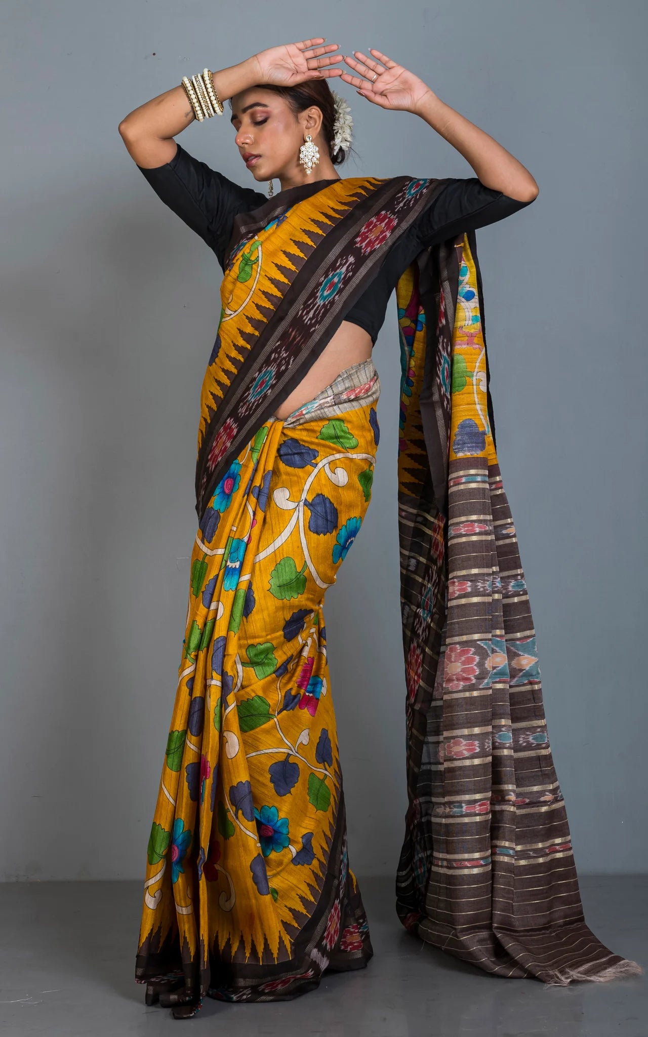 Hand Painted Pen Kalamkari over Sambalpuri Tussar Kotki Silk Saree in Golden Yellow, Mahogany Brown and Multicolored