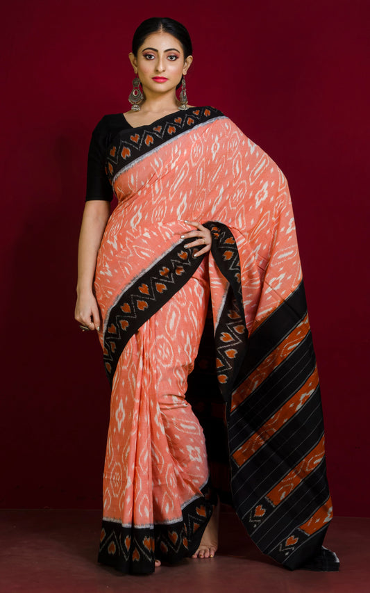 Soft Mercerized Cotton Ikkat Pochampally Saree in Pale Orange, Off White and Black