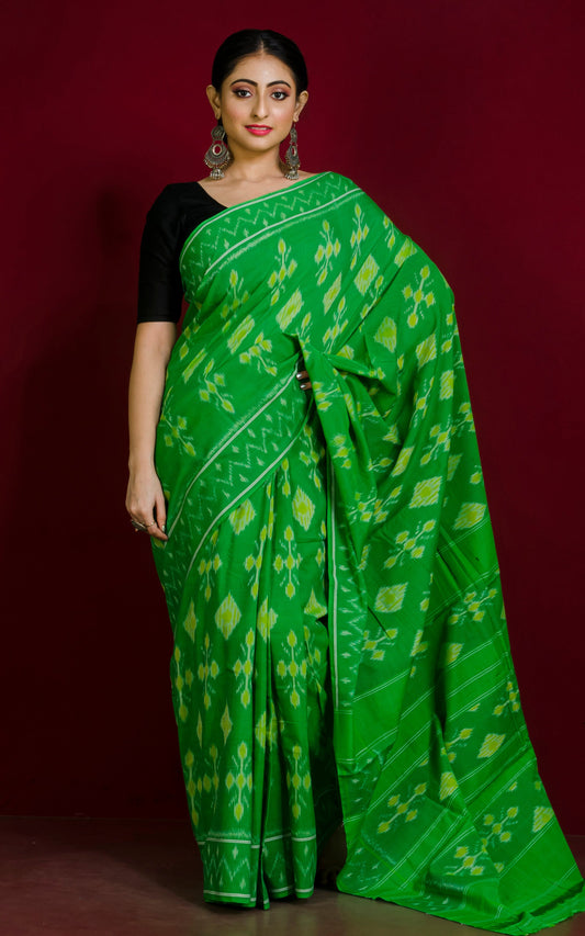 Soft Mercerized Cotton Ikkat Pochampally Saree in Parakeet Green, Lime Green and Off White