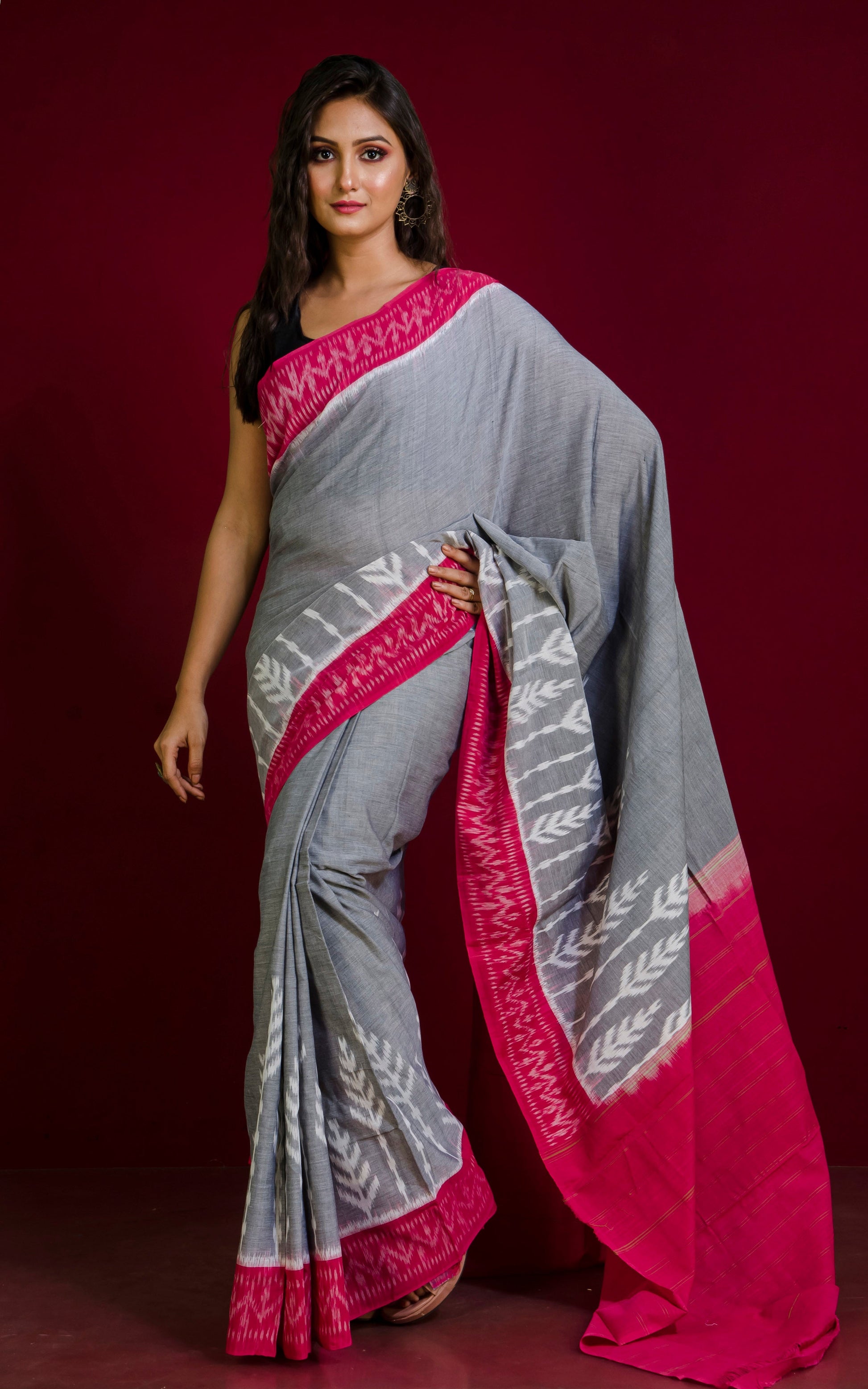 Soft Mercerized Cotton Ikkat Pochampally Saree in Smoke Grey, Off White and Hot Pink