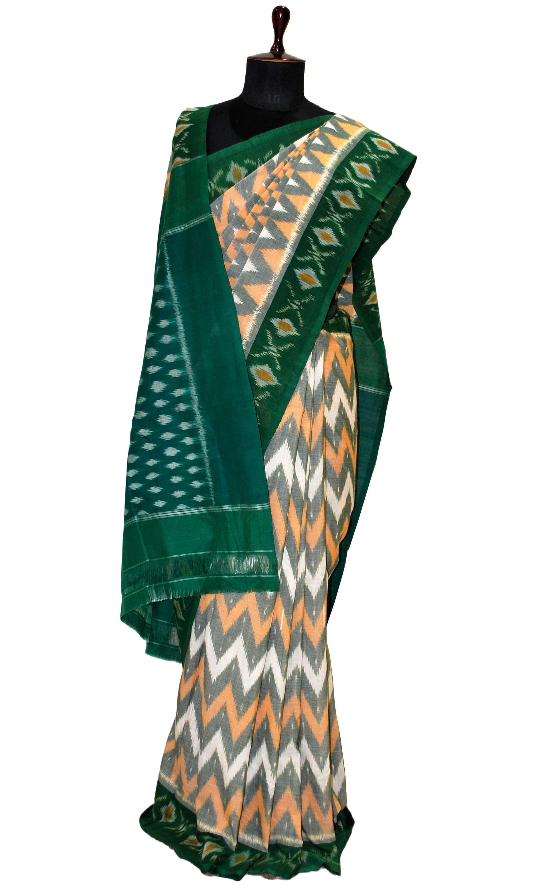 Soft Mercerized Cotton Ikkat Pochampally Saree in Off White, Multicolored and Bottle Green