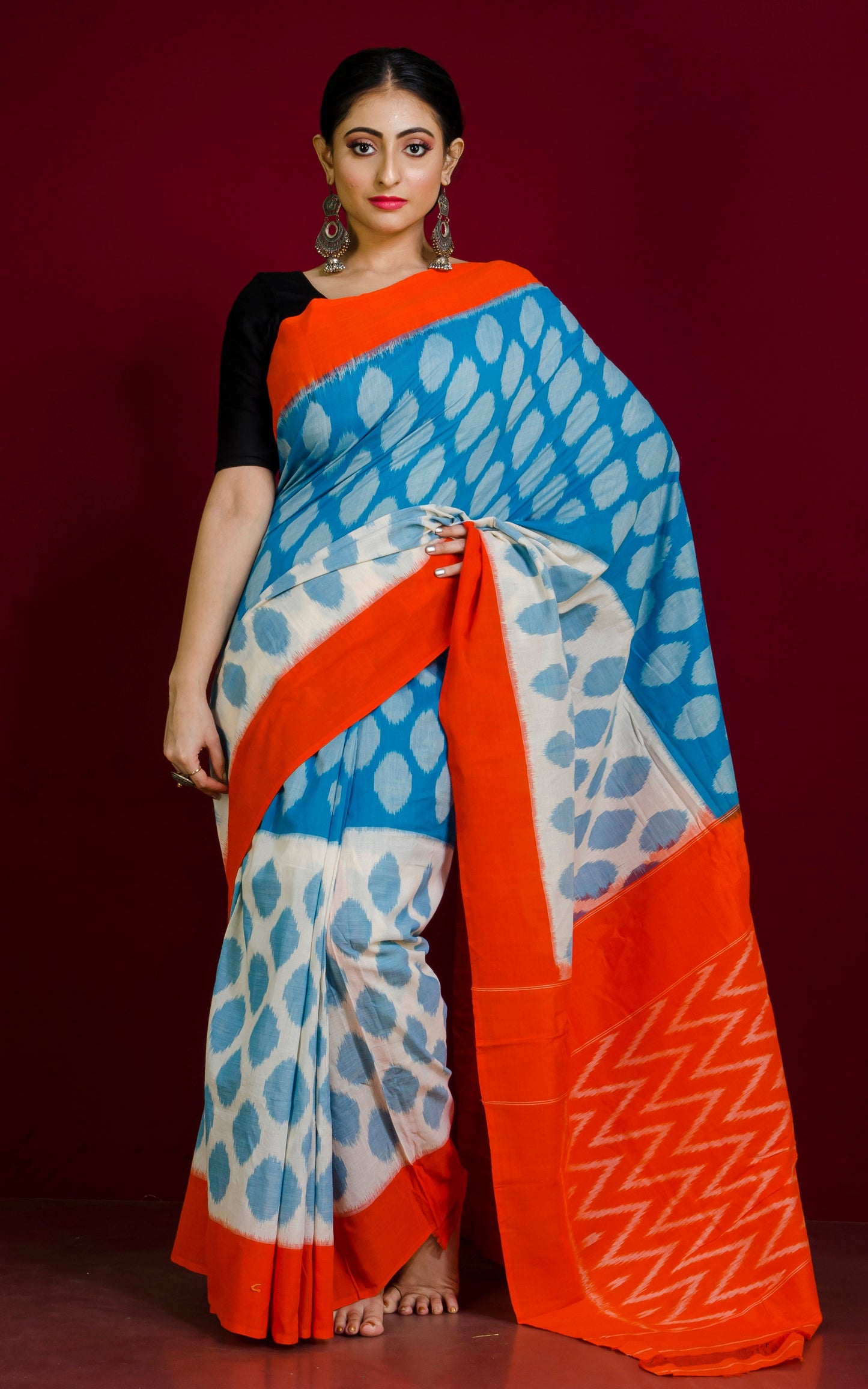 Soft Mercerized Cotton Ikkat Pochampally Saree in Cyan, Off White and Orange