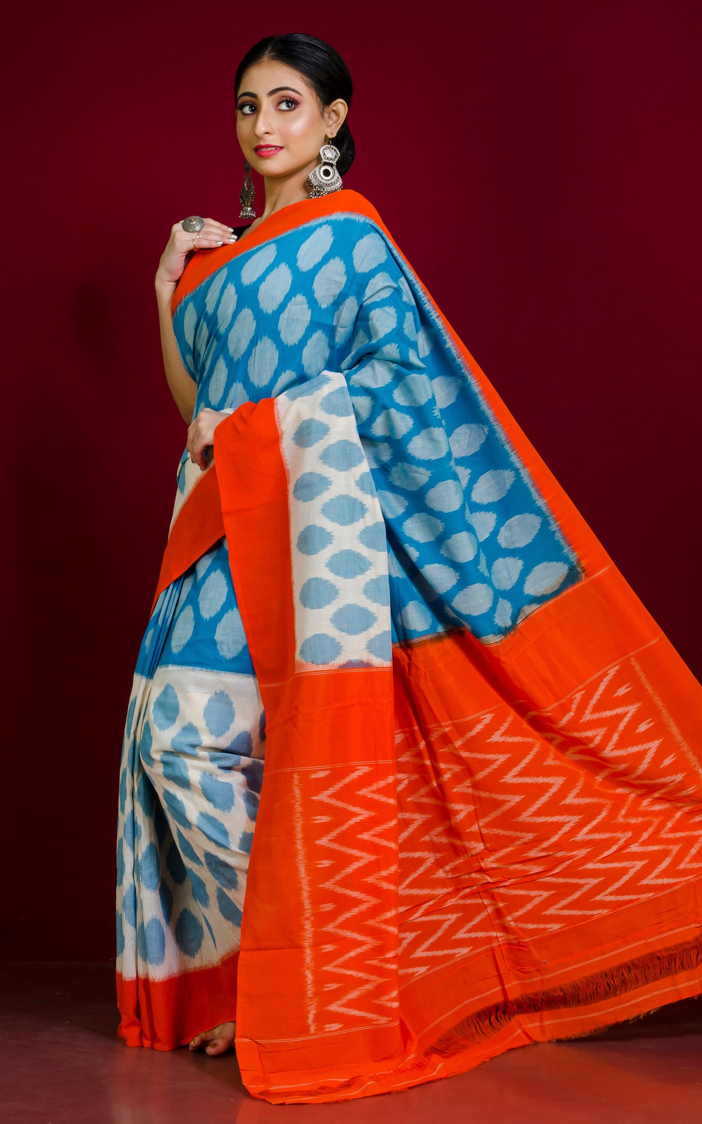 Soft Mercerized Cotton Ikkat Pochampally Saree in Cyan, Off White and Orange