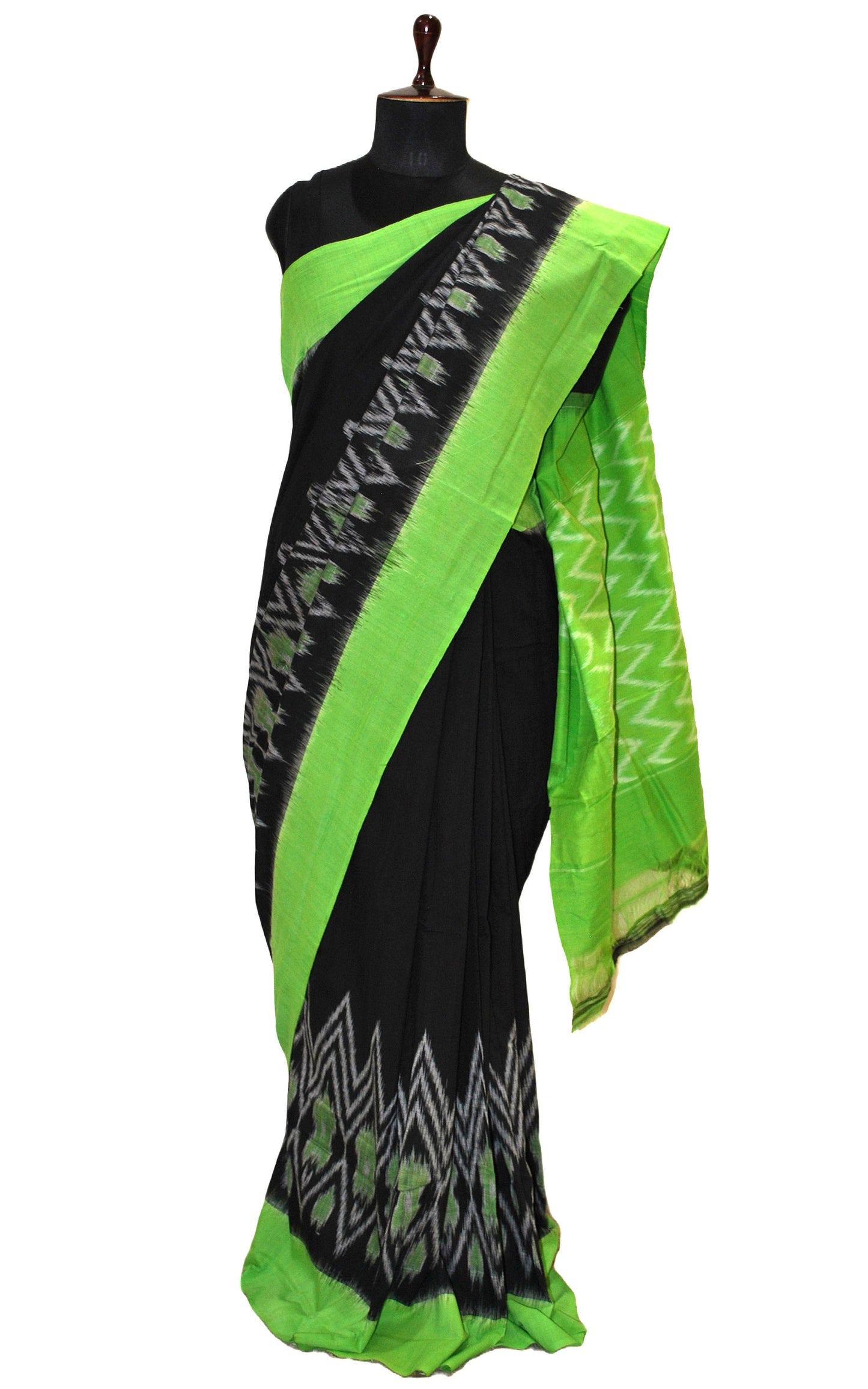 Soft Mercerized Cotton Ikkat Pochampally Saree in Black, Lawn Green and Off White