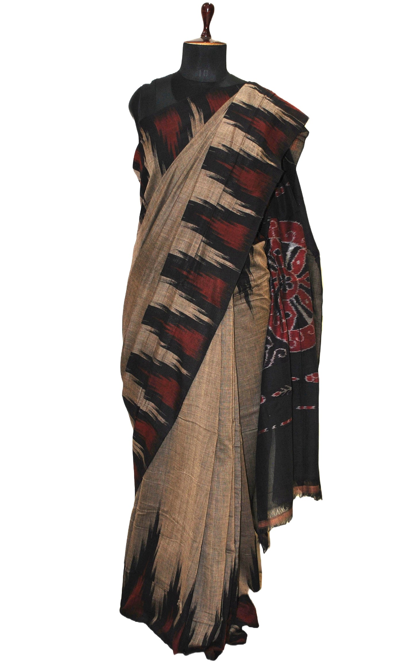 Soft Mercerized Cotton Ikkat Pochampally Light Fawn, Black, Dark Red and Off White