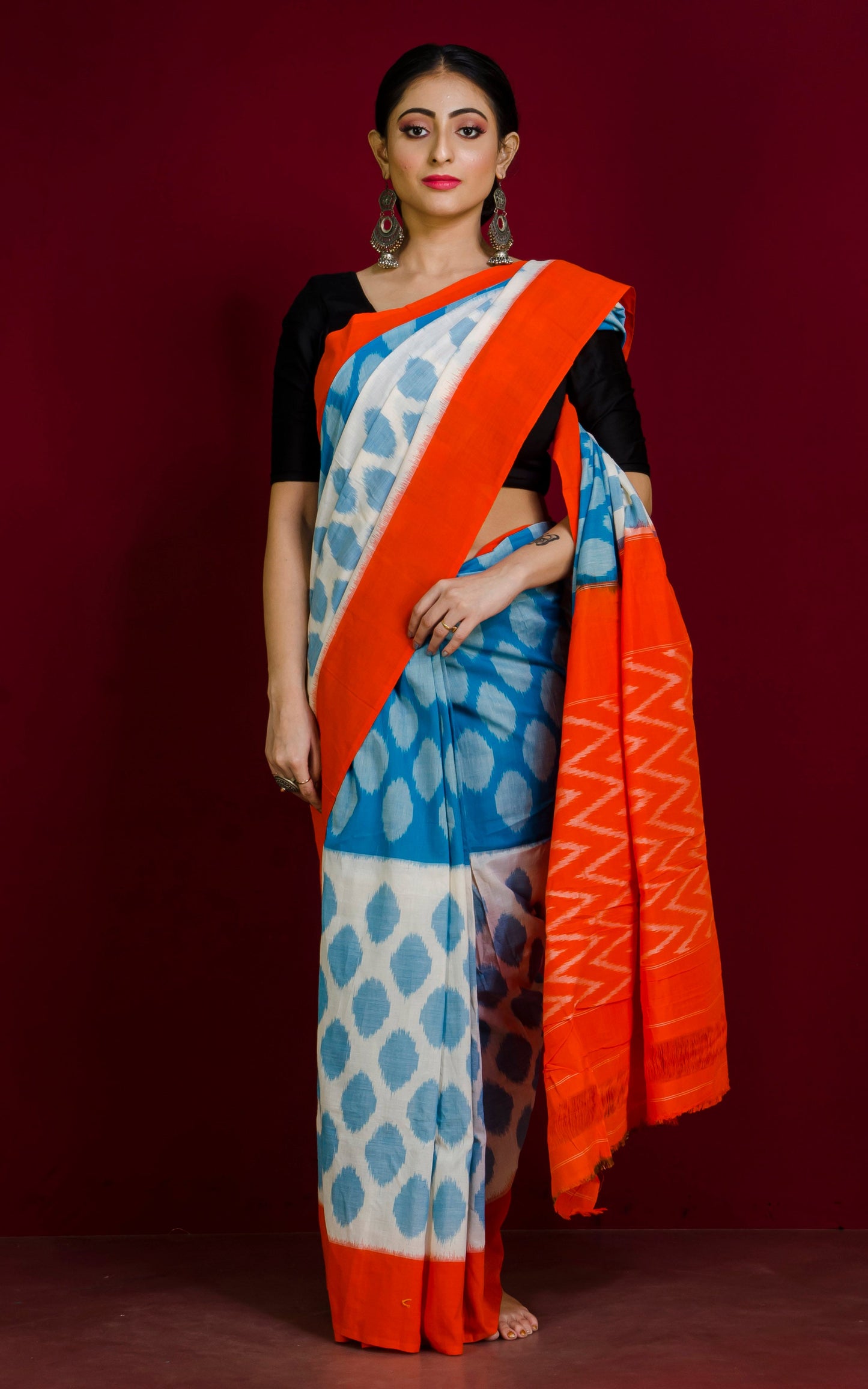 Soft Mercerized Cotton Ikkat Pochampally Saree in Cyan, Off White and Orange