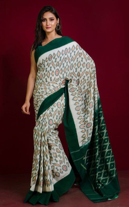 Soft Mercerized Cotton Ikkat Pochampally Saree in Off White, Mustard Yellow, Red and Bottle Green