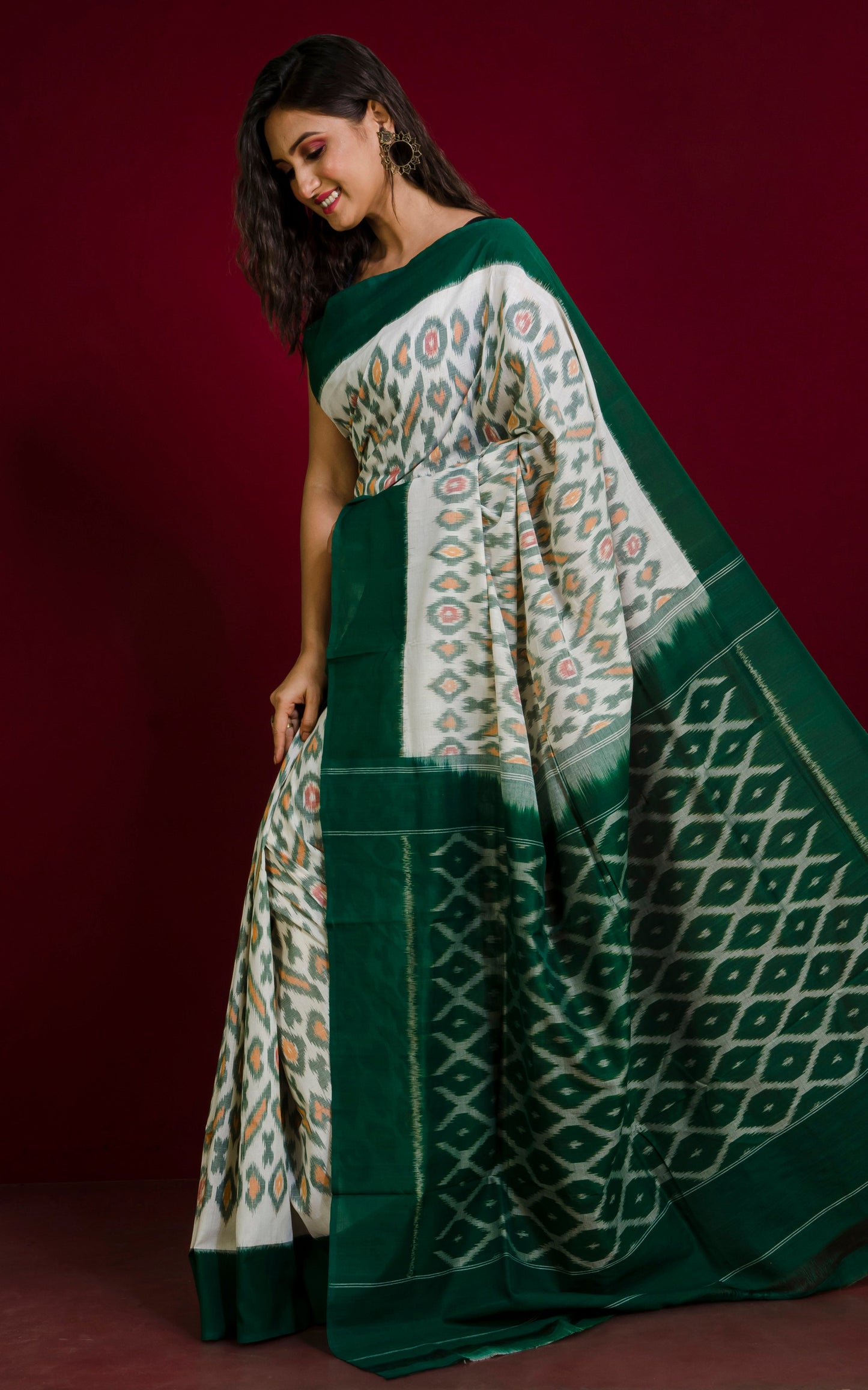 Soft Mercerized Cotton Ikkat Pochampally Saree in Off White, Mustard Yellow, Red and Bottle Green