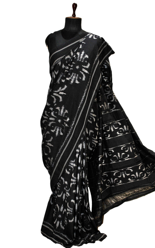 Soft Mercerized Cotton Ikkat Pochampally Saree in Pitch Black and Off White