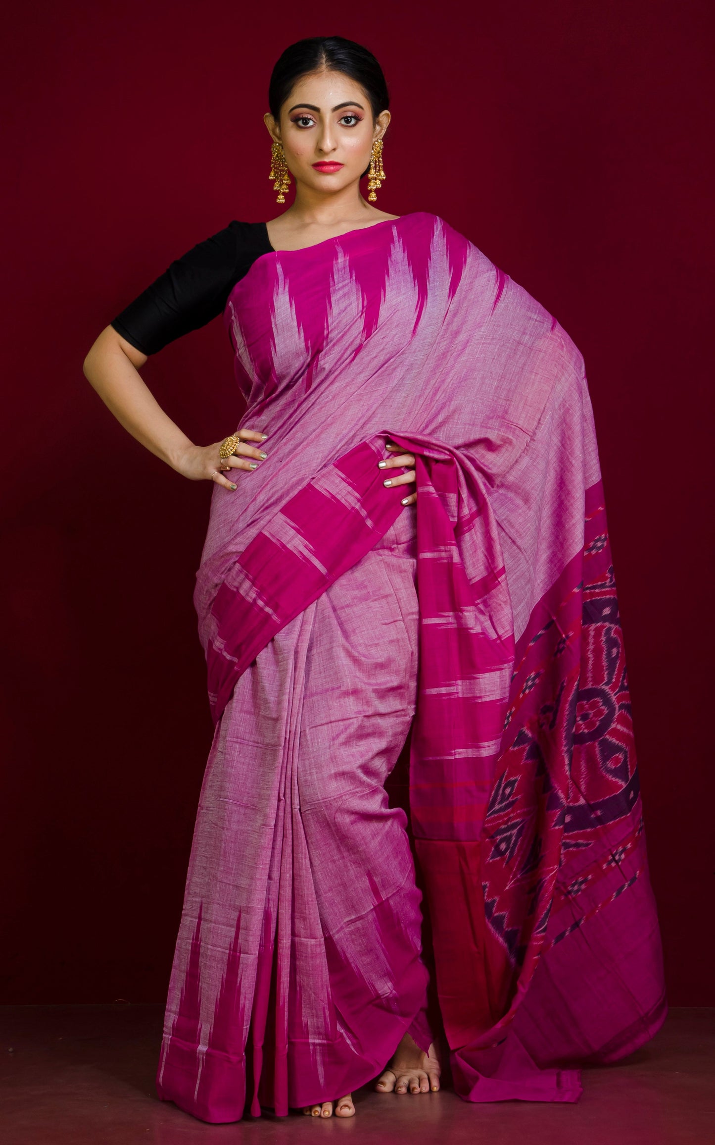 Soft Mercerized Cotton Ikkat Pochampally Patel Pink, Hot Pink and Navy Blue