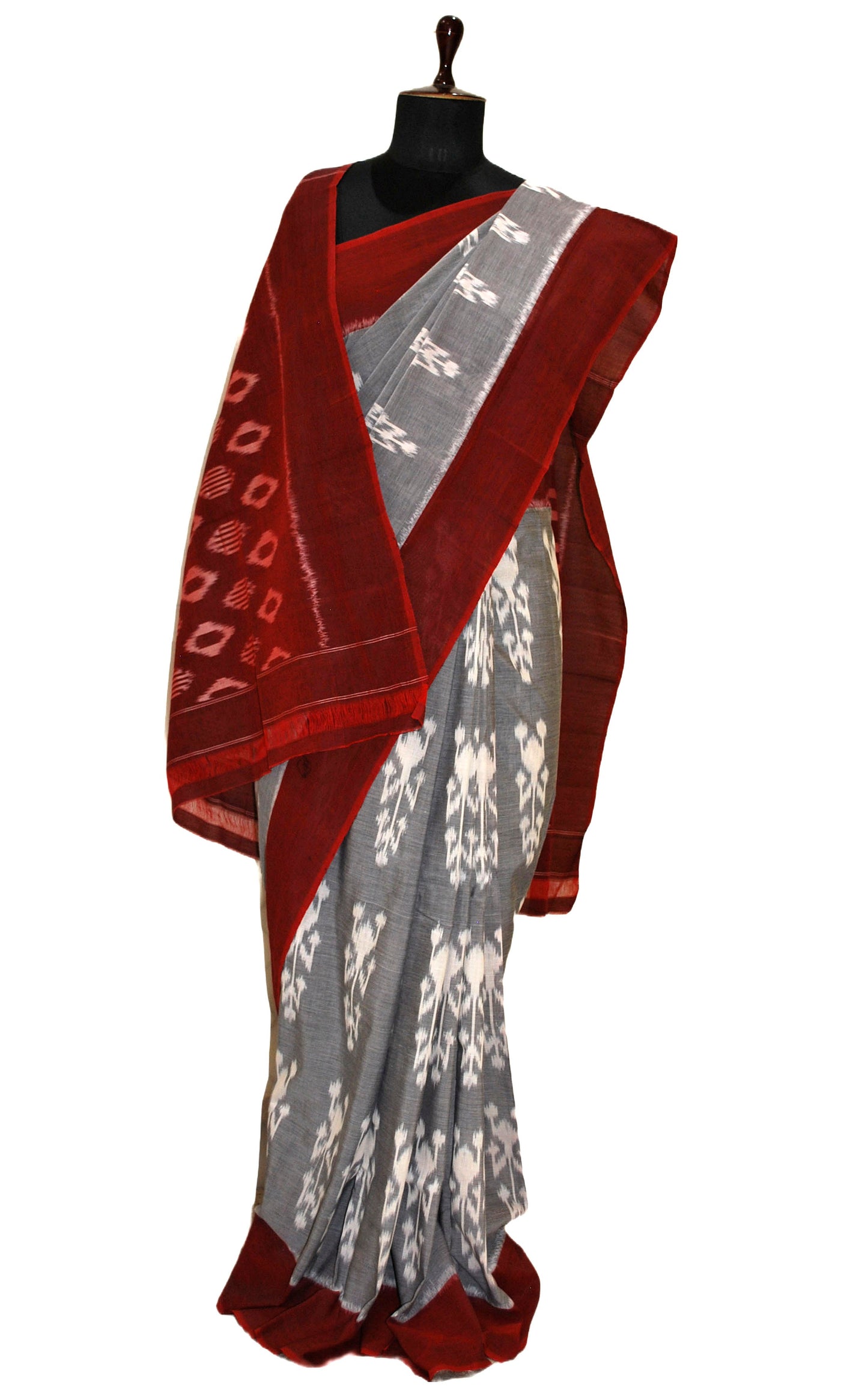 Soft Mercerized Cotton Ikkat Pochampally Saree in Pewter Grey, Off White and Garnet