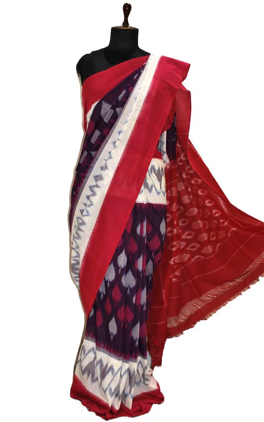 Soft Mercerized Cotton Ikkat Pochampally Saree in Eggplant, Off White and Red