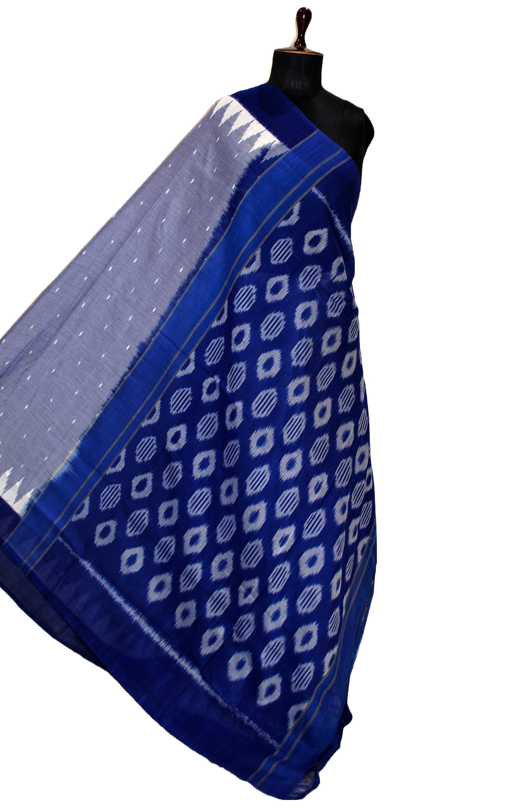 Soft Mercerized Cotton Ikkat Pochampally Saree in Slate Grey, Off White and Navy Blue