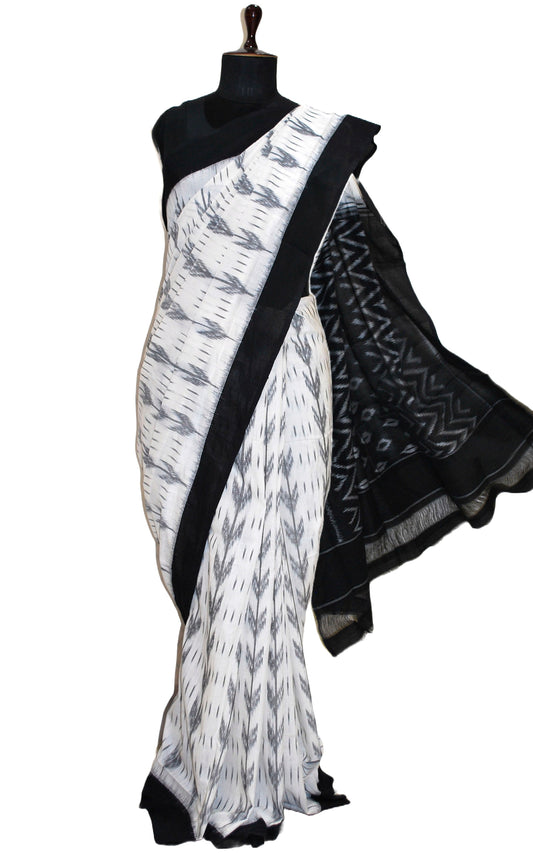 Soft Mercerized Cotton Ikkat Pochampally Saree in Off White, Light Grey and Black