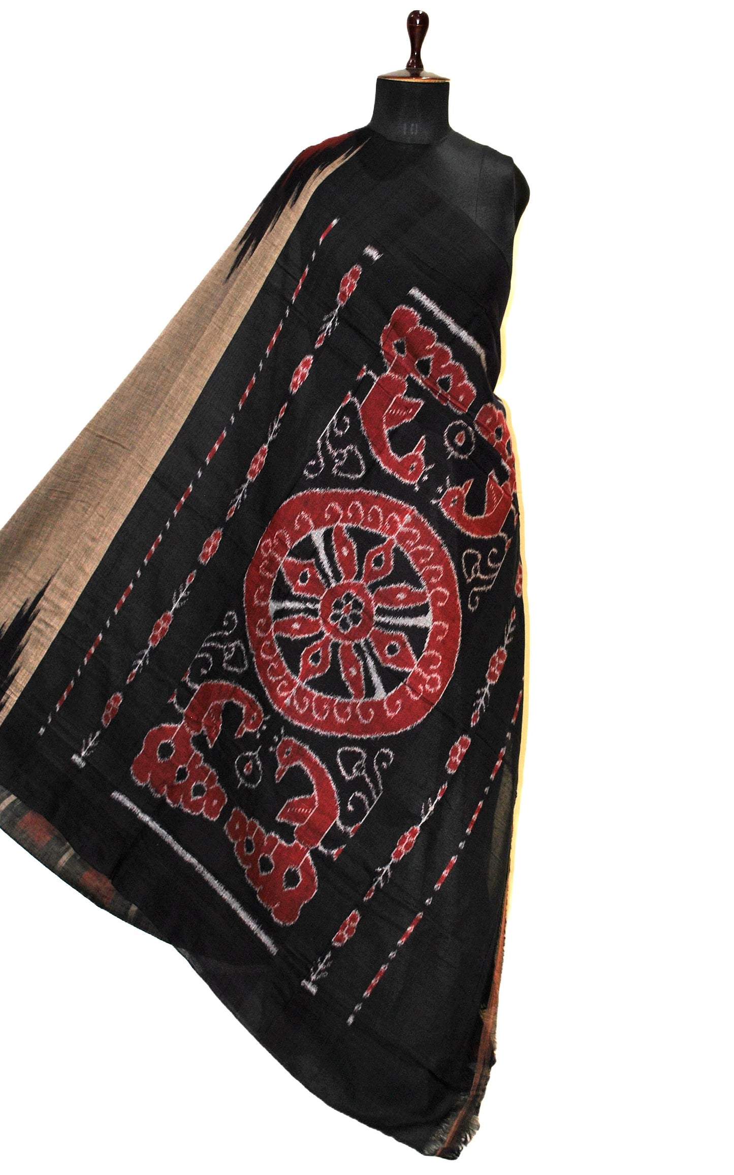 Soft Mercerized Cotton Ikkat Pochampally Light Fawn, Black, Dark Red and Off White