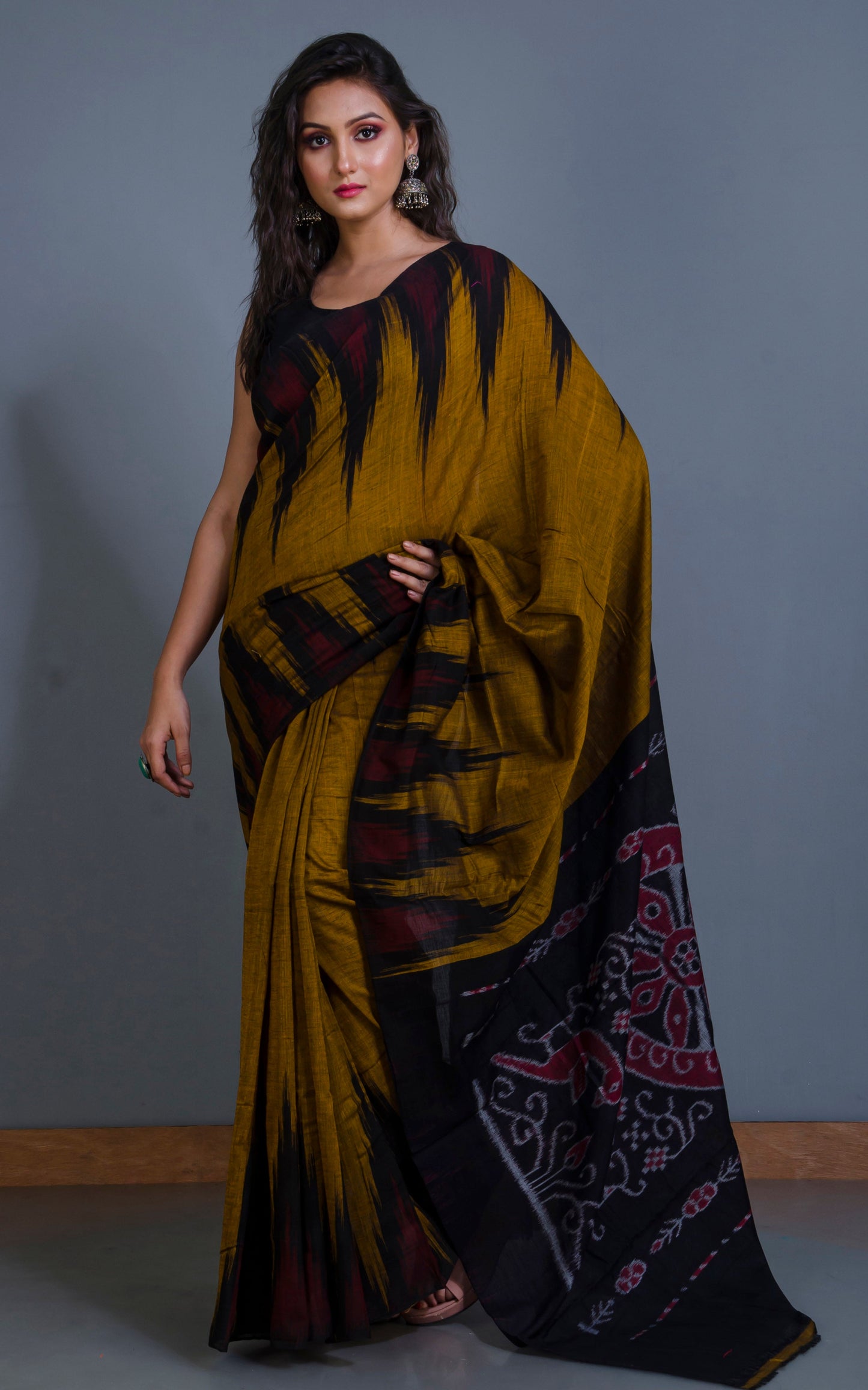 Soft Mercerized Cotton Ikkat Pochampally Mustard Yellow, Black, Dark Red and Grey