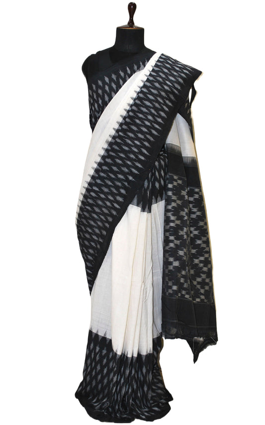 Soft Mercerized Cotton Ikkat Pochampally Saree in Off White and Black