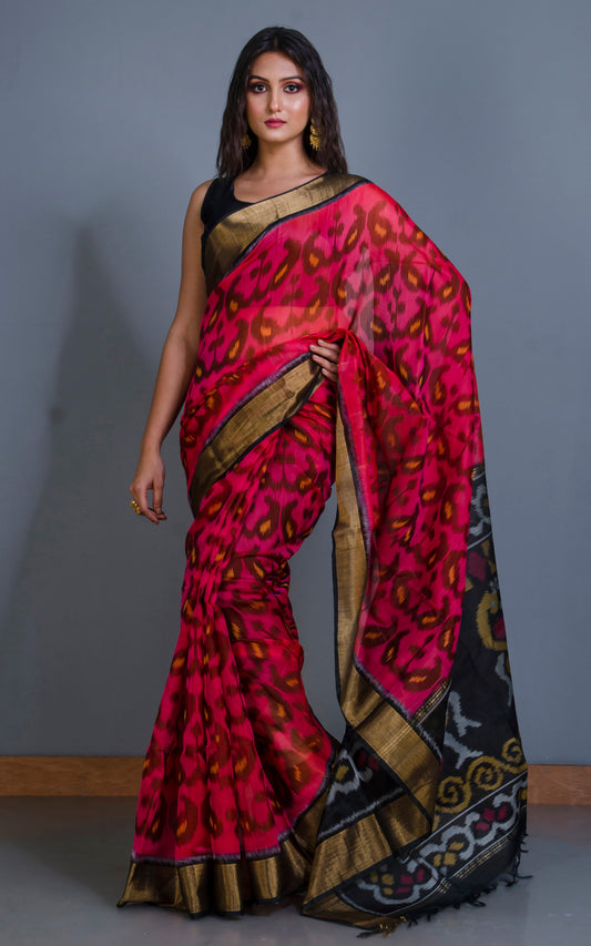 Soft Seiko Ikkat Pochampally Silk Saree in Peach, Brown, Yellow and Black