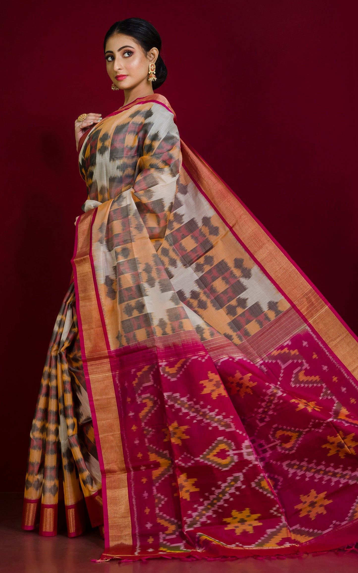 Soft Seiko Ikkat Pochampally Silk Saree in Off White Pastel Yellow, Hot Pink and Black