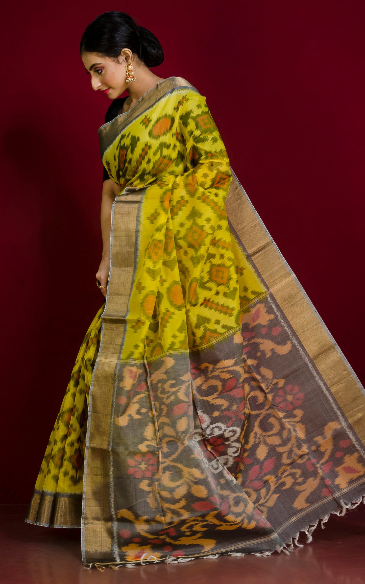 Soft Seiko Ikkat Pochampally Silk Saree in Pineapple Yellow, Charcoal Grey, Beige, Off White and Red