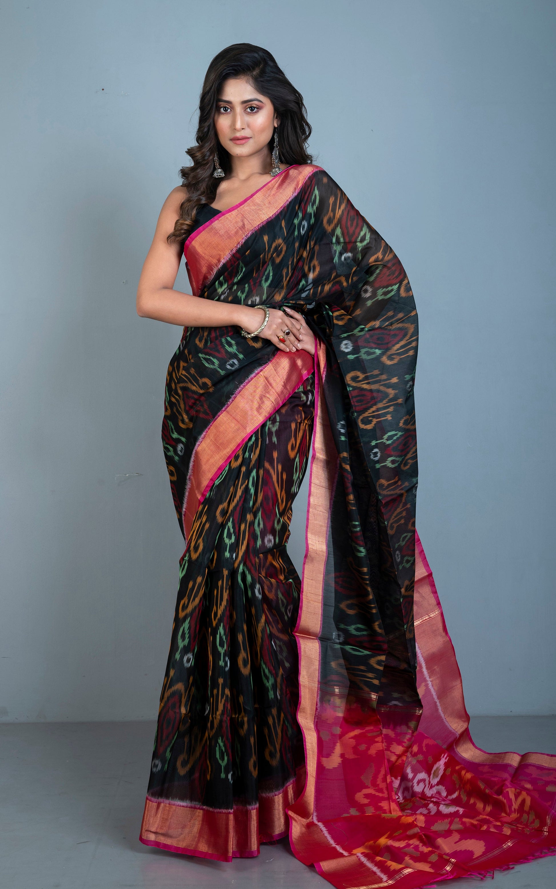 Soft Seiko Ikkat Pochampally Silk Saree in Dark Black, Watermelon Pink and Multicolored