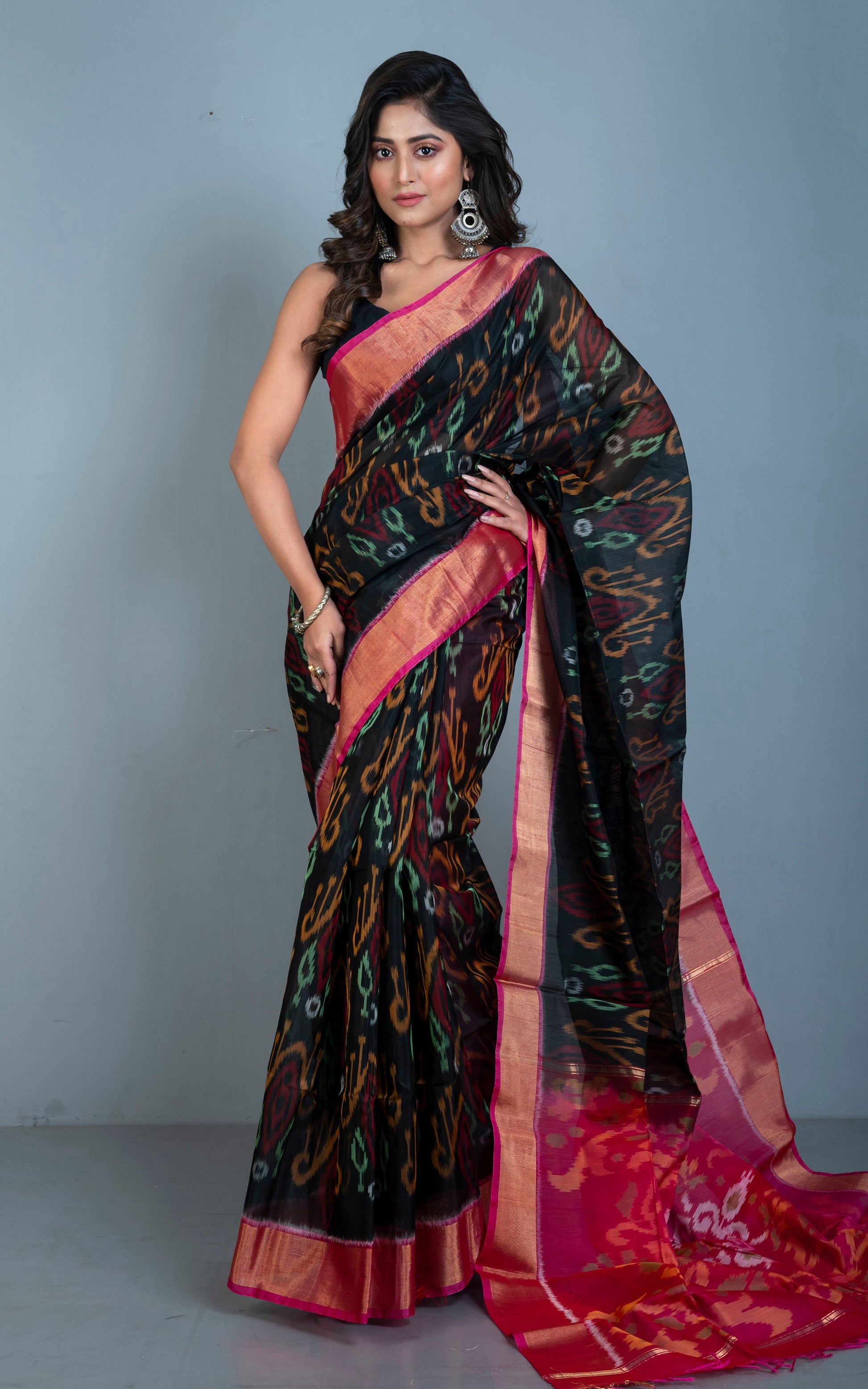 Soft Seiko Ikkat Pochampally Silk Saree in Dark Black, Watermelon Pink and Multicolored