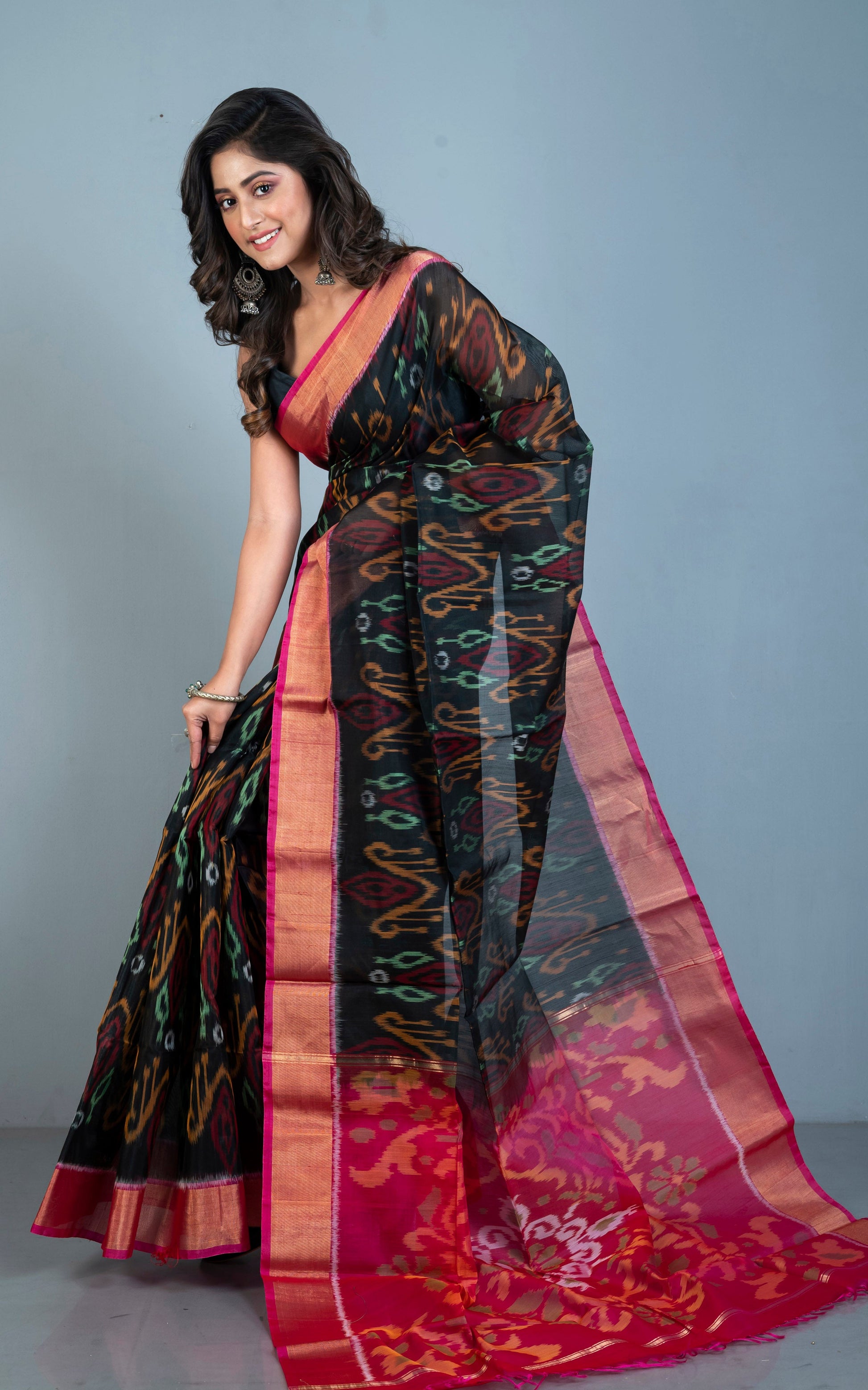 Soft Seiko Ikkat Pochampally Silk Saree in Dark Black, Watermelon Pink and Multicolored