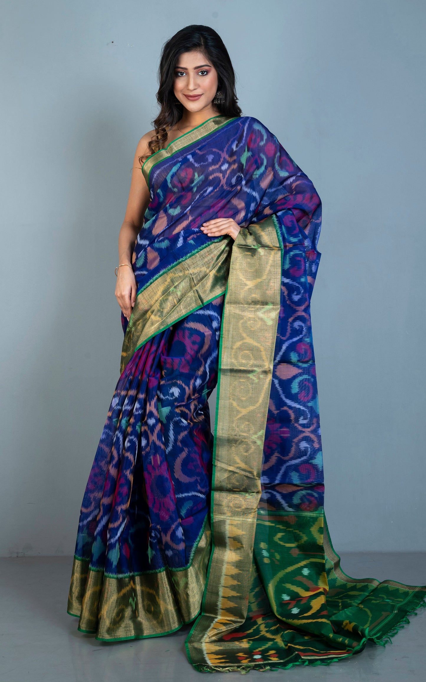 Soft Seiko Ikkat Pochampally Silk Saree in Dark Sapphire Blue, Green and Multicolored