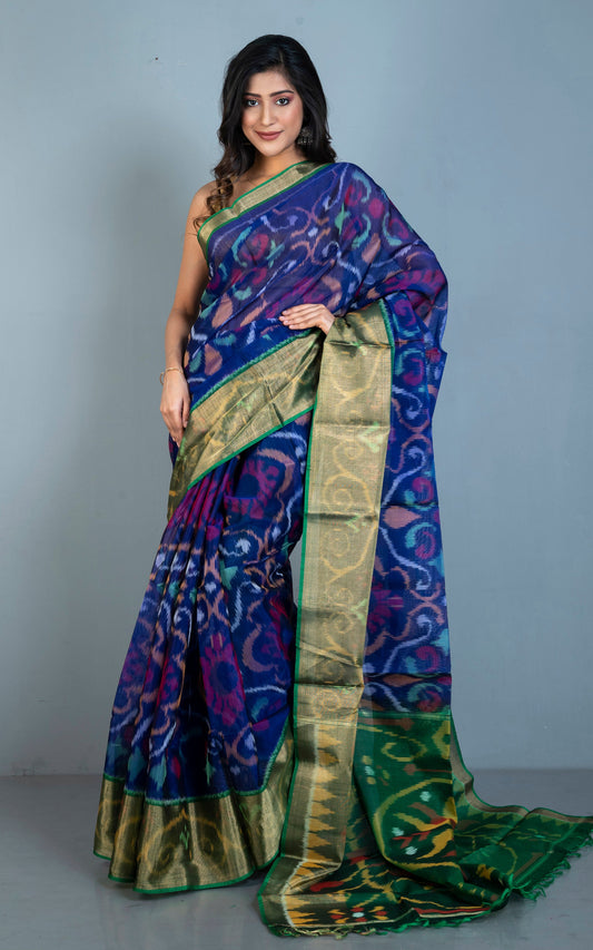 Soft Seiko Ikkat Pochampally Silk Saree in Dark Sapphire Blue, Green and Multicolored