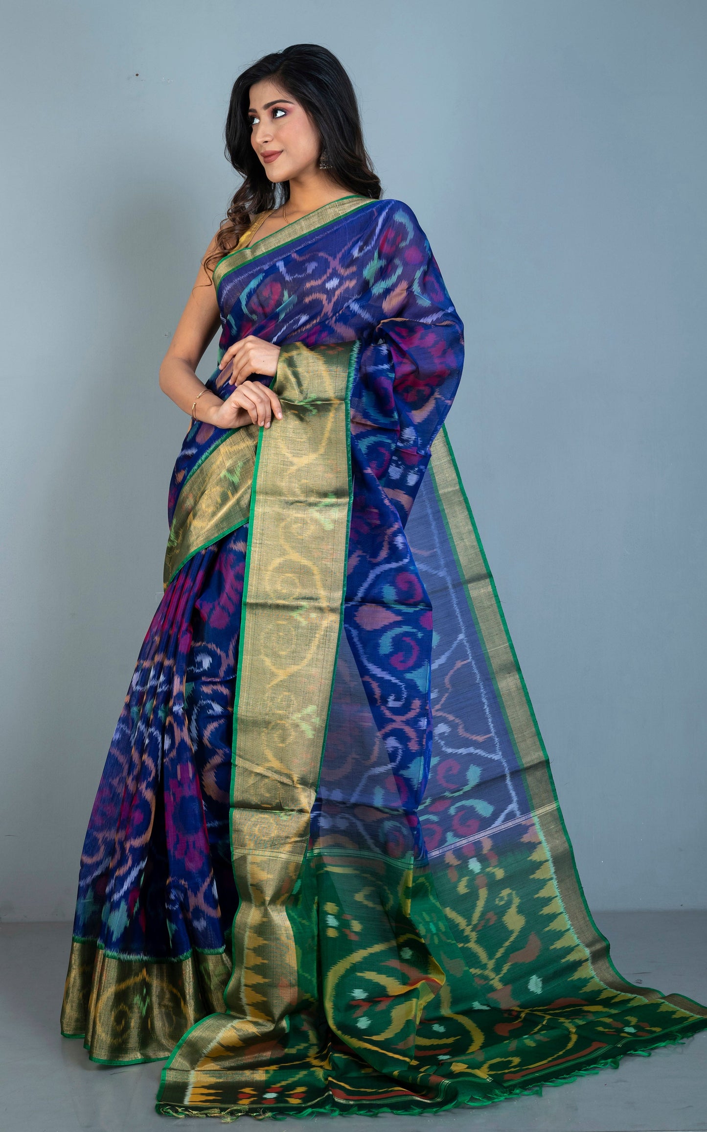 Soft Seiko Ikkat Pochampally Silk Saree in Dark Sapphire Blue, Green and Multicolored