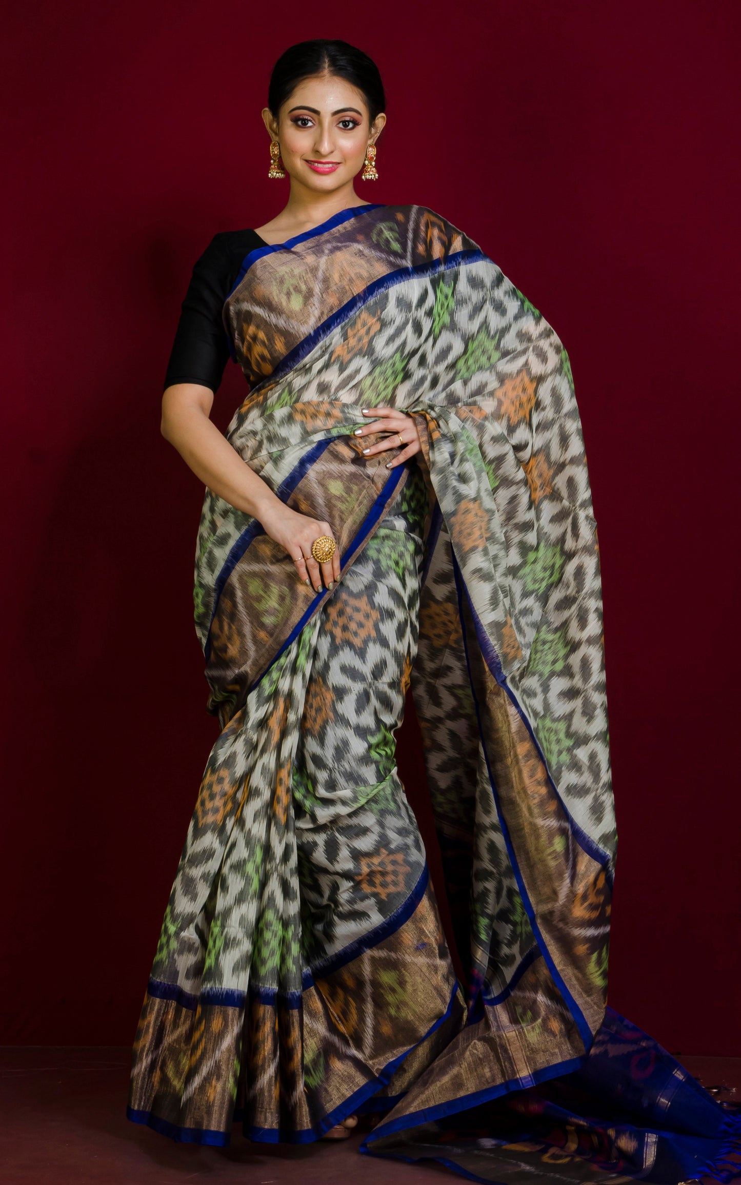 Soft Seiko Ikkat Pochampally Silk Saree in Off White, Deep Blue, Pastel Yellow, Pastel Green and Black