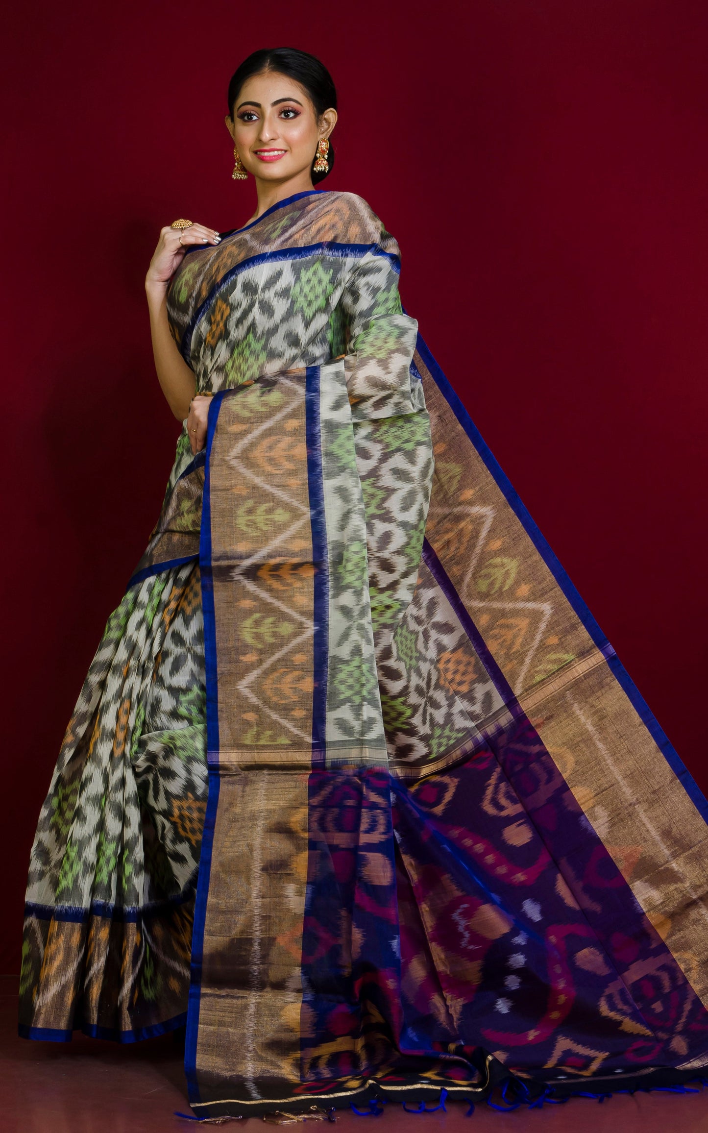 Soft Seiko Ikkat Pochampally Silk Saree in Off White, Deep Blue, Pastel Yellow, Pastel Green and Black