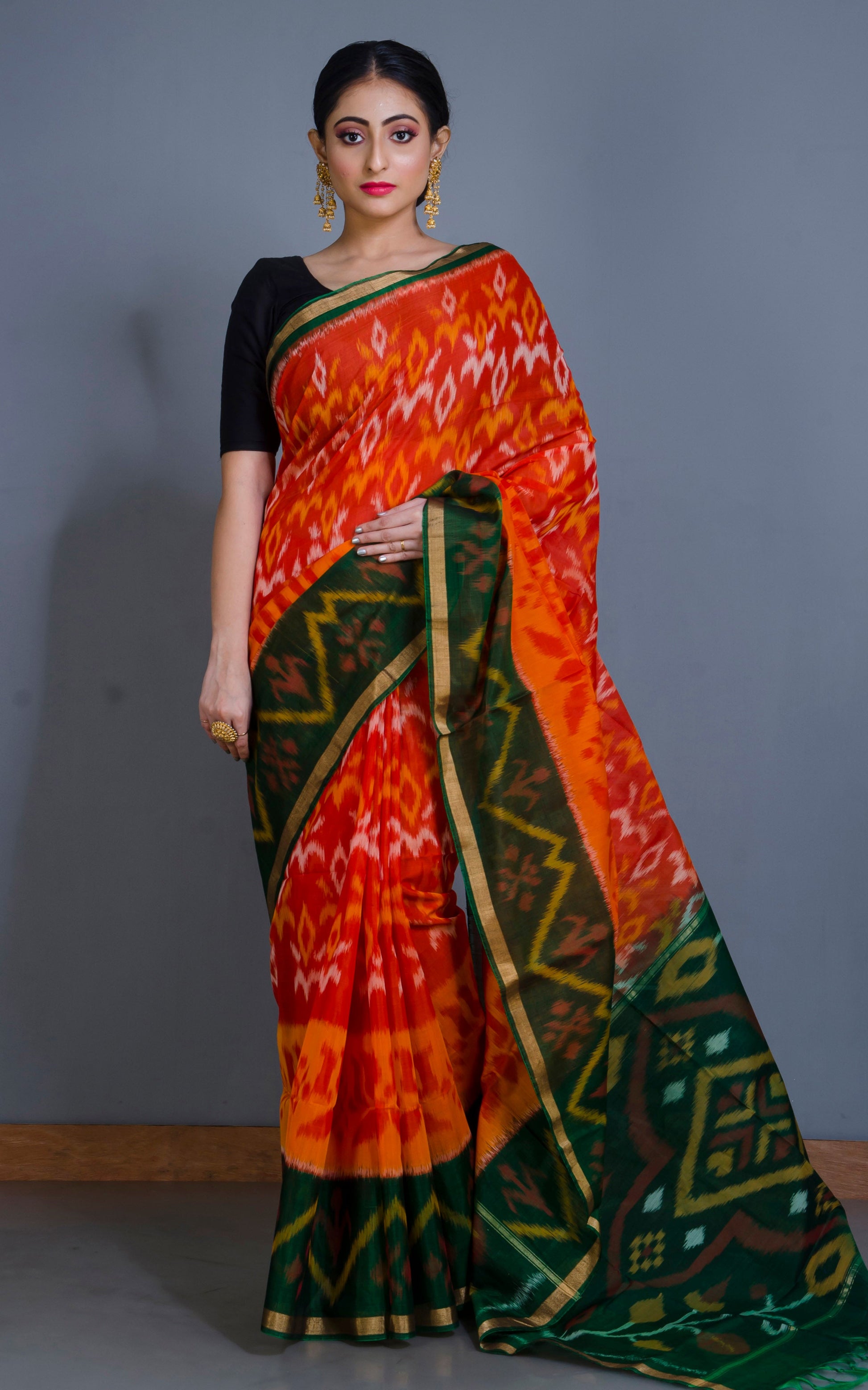 Soft Seiko Ikkat Pochampally Silk Saree in Fire Orange, Bottle Green, Yellow, Off White and Red