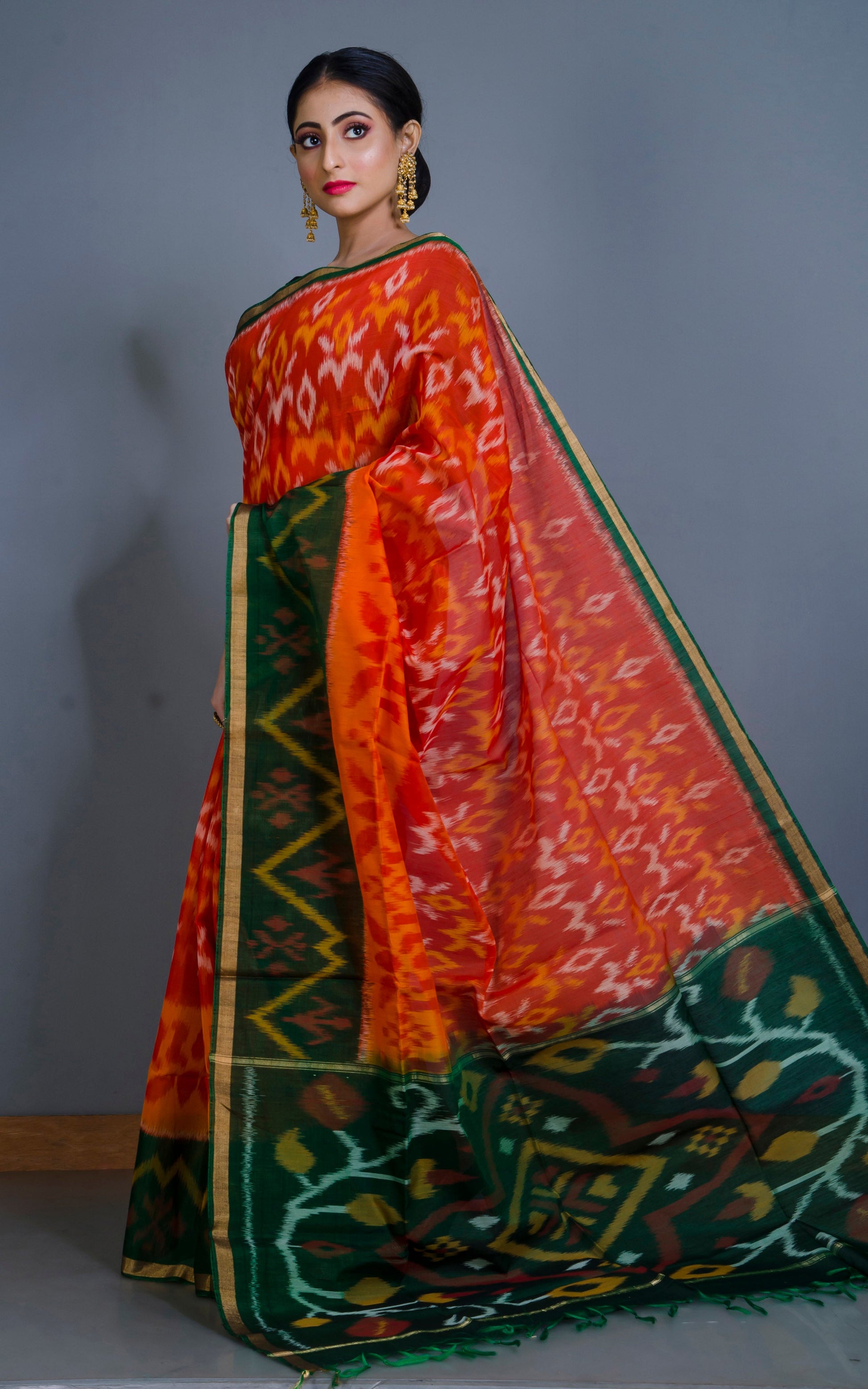 Soft Seiko Ikkat Pochampally Silk Saree in Fire Orange, Bottle Green, Yellow, Off White and Red