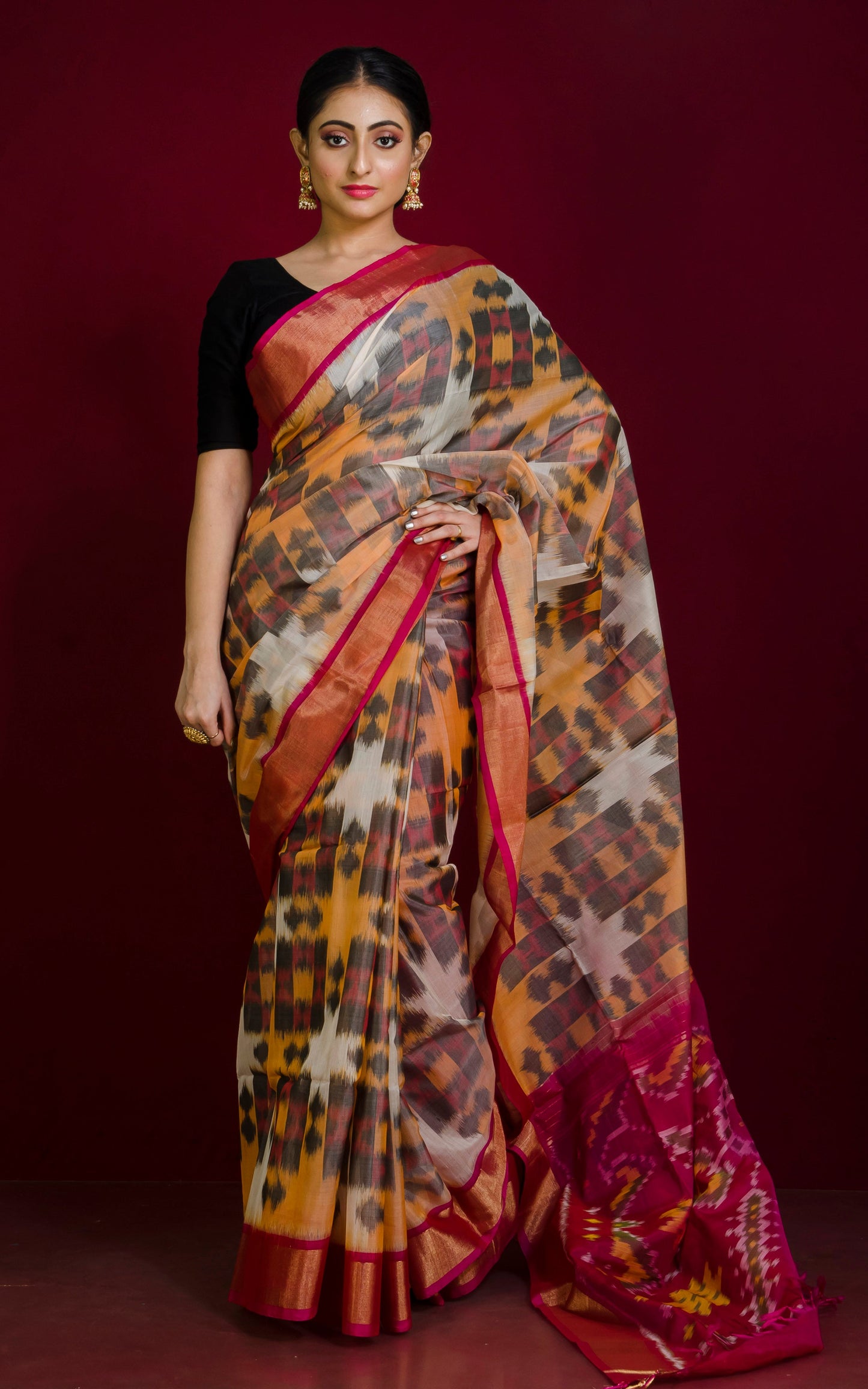 Soft Seiko Ikkat Pochampally Silk Saree in Off White Pastel Yellow, Hot Pink and Black