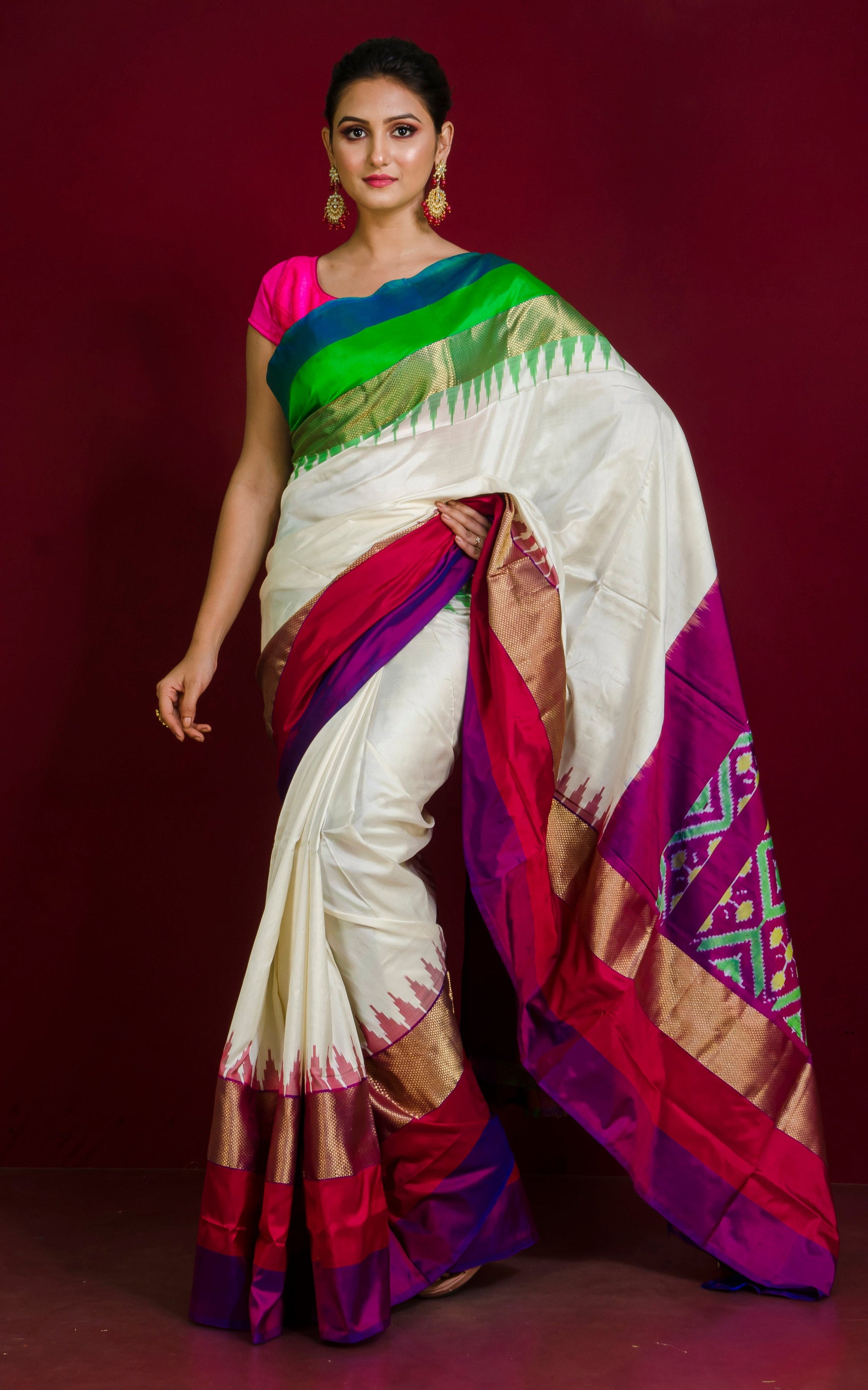 Designer Skirt Border Ikkat Pochampally Silk Saree in Off White and Multicolored