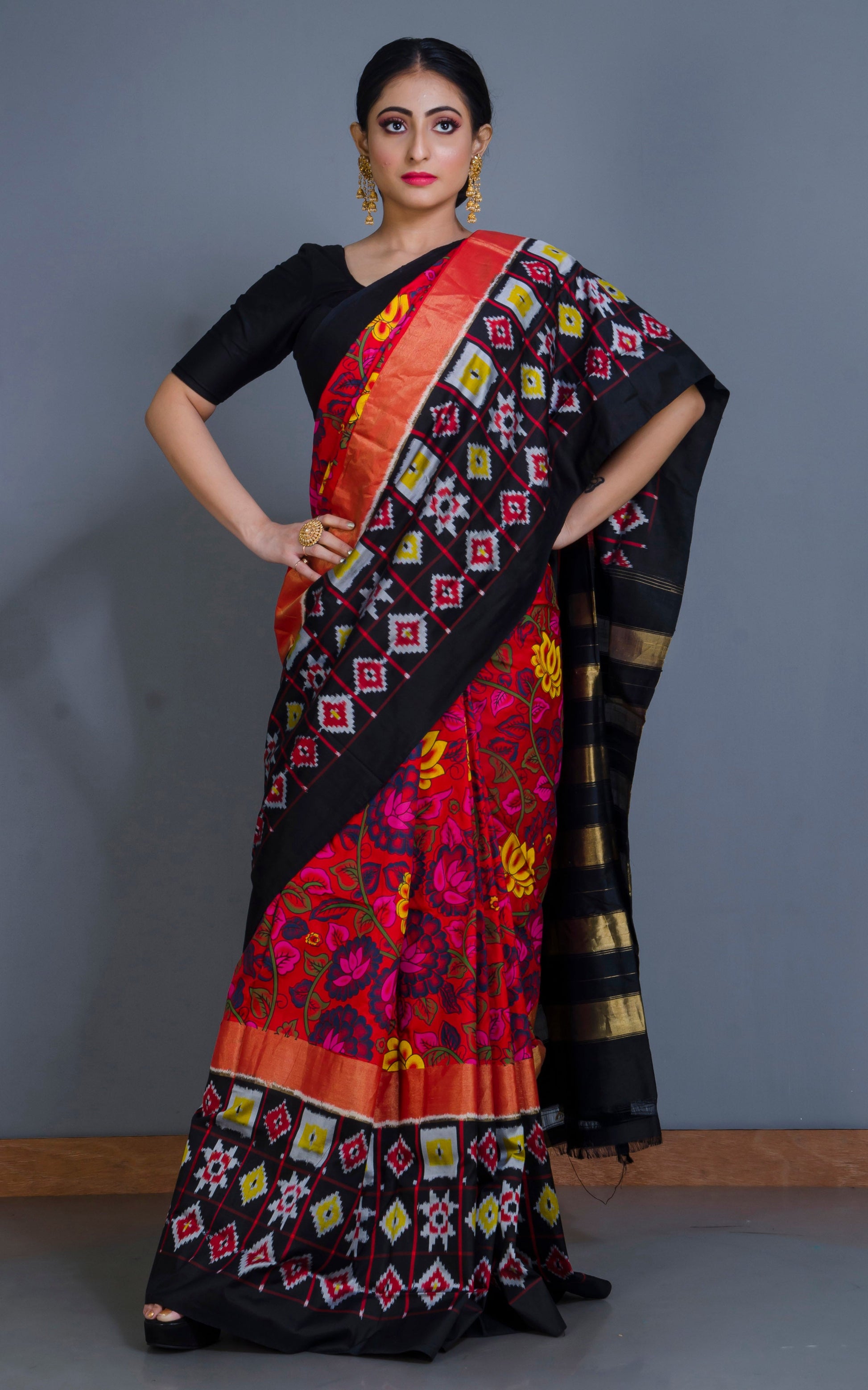 Mahapar Ikkat Pochampally Silk Saree in Red, Black and Multicolored