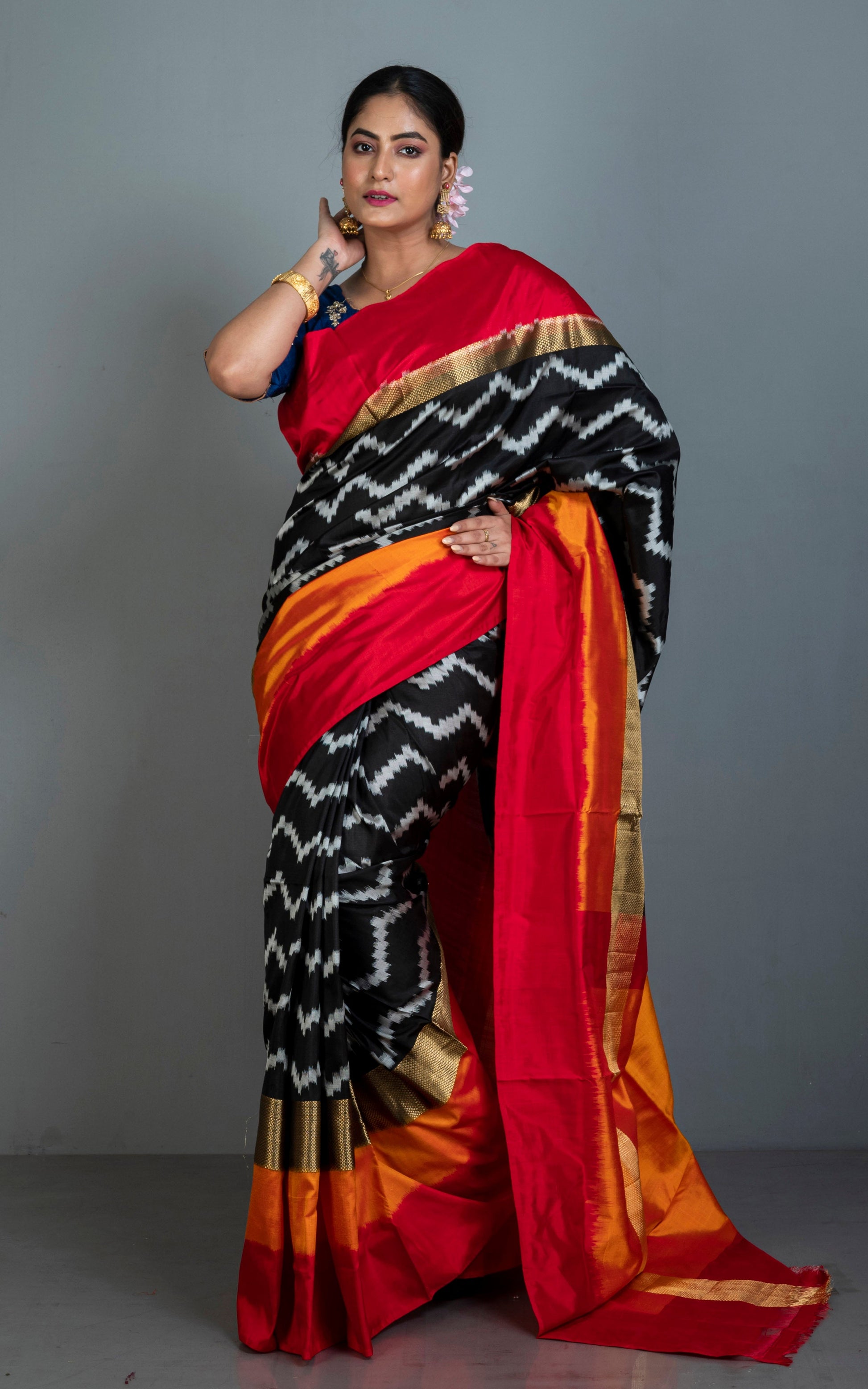 Designer Skirt Border Ikkat Pochampally Silk Saree in Black, Off White, Red, Fire Orange and Antique Golden