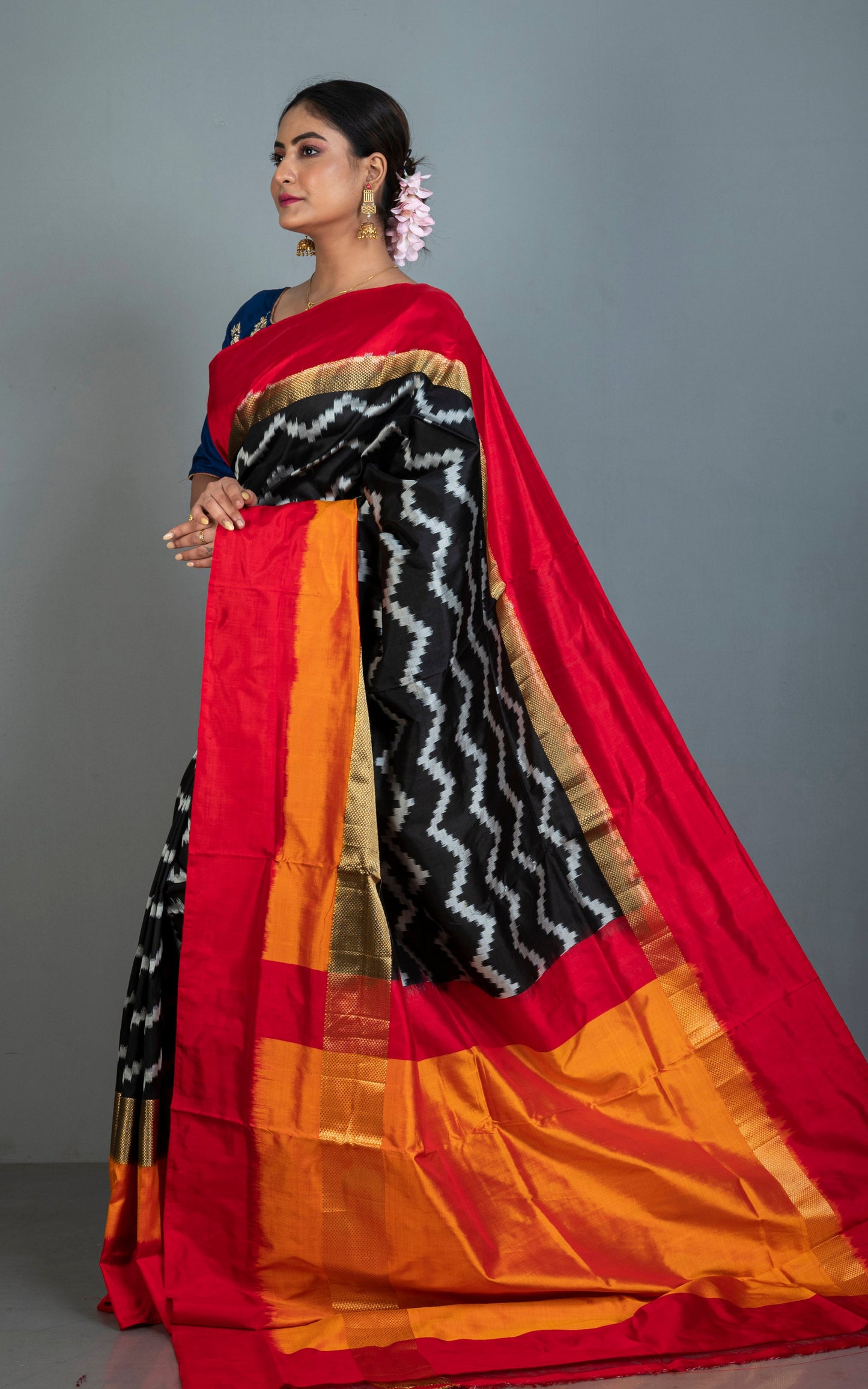 Designer Skirt Border Ikkat Pochampally Silk Saree in Black, Off White, Red, Fire Orange and Antique Golden